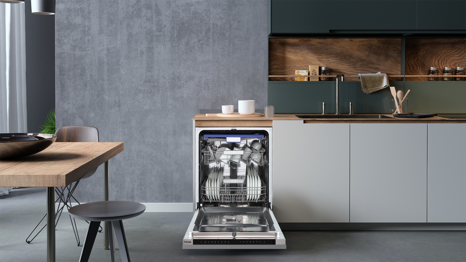 Open dishwasher with dishes, wooden table and chair.