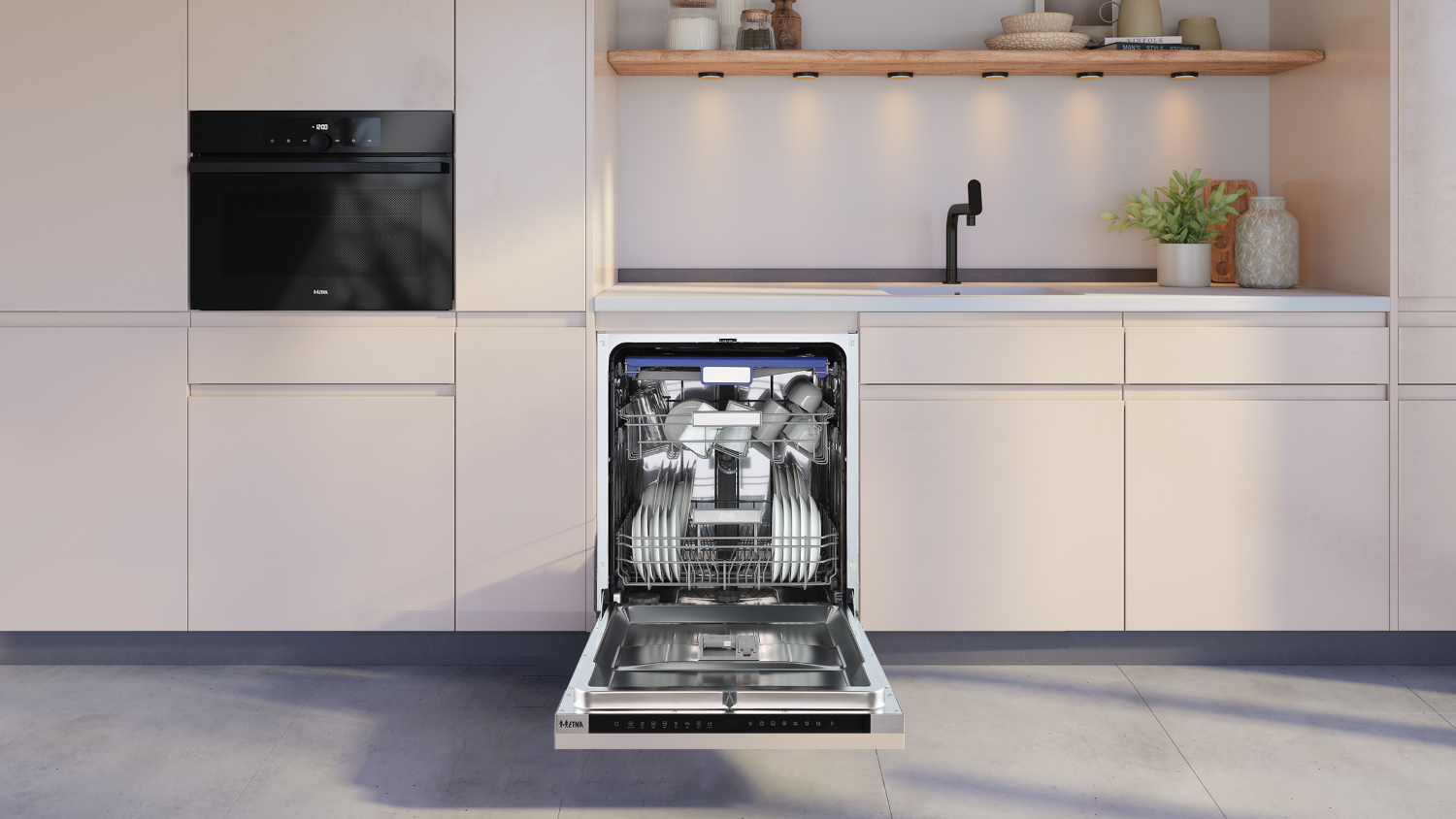 An open dishwasher filled with dishes, next to a black oven and kitchen counter.
