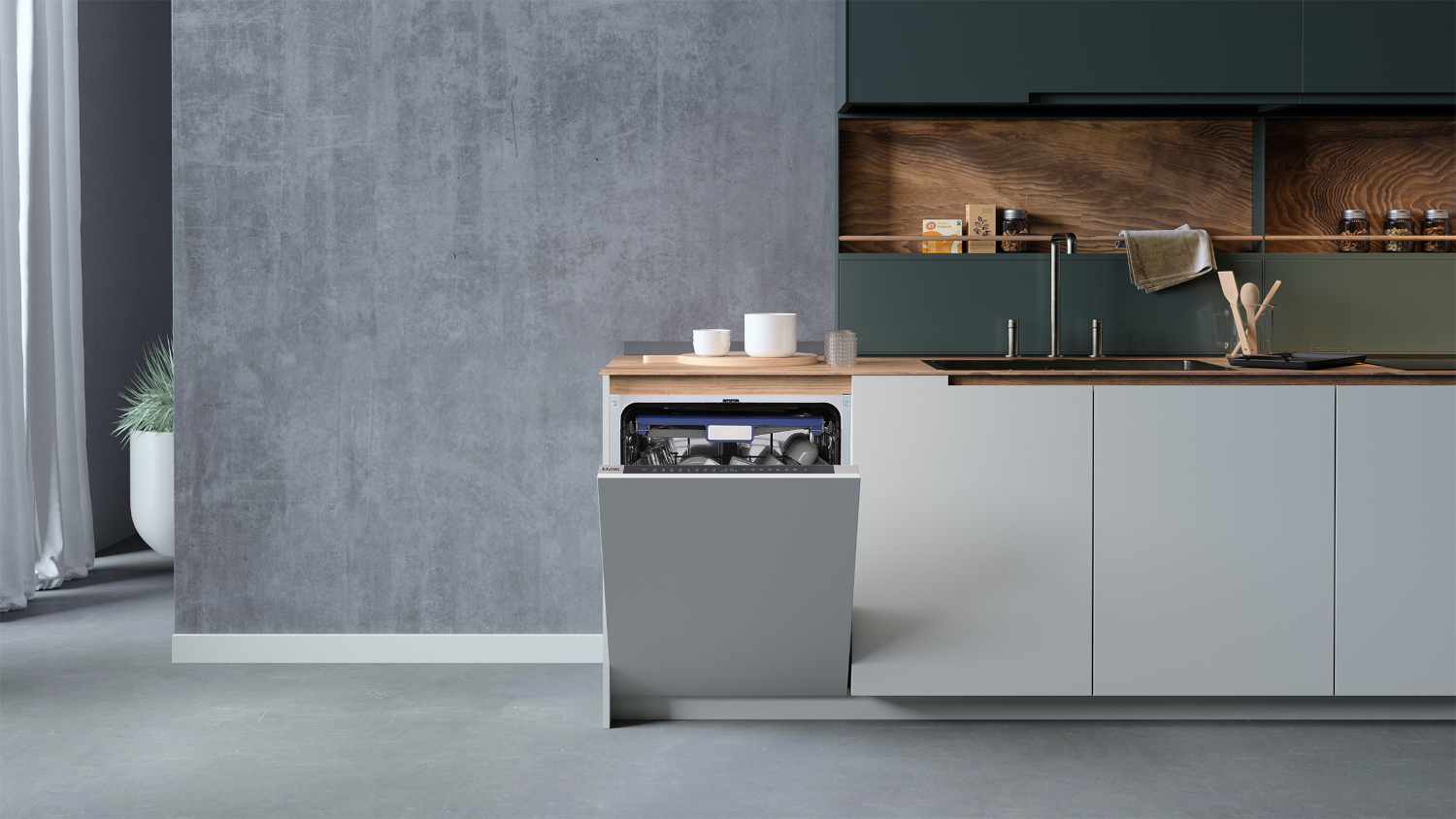 Modern kitchen with open dishwasher, grey concrete and wood accents.