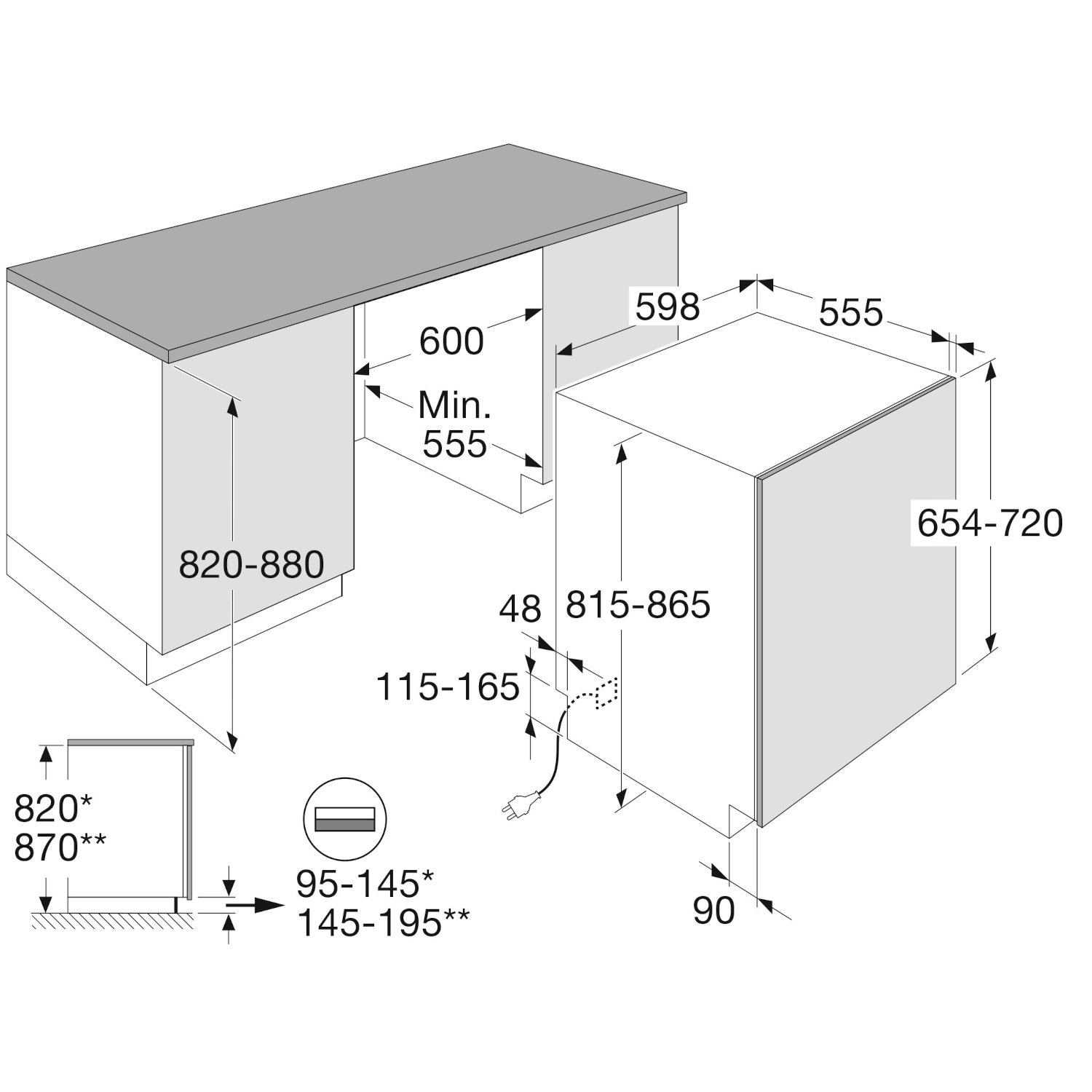 Technical drawing with dimensions for a built-in kitchen or appliance.