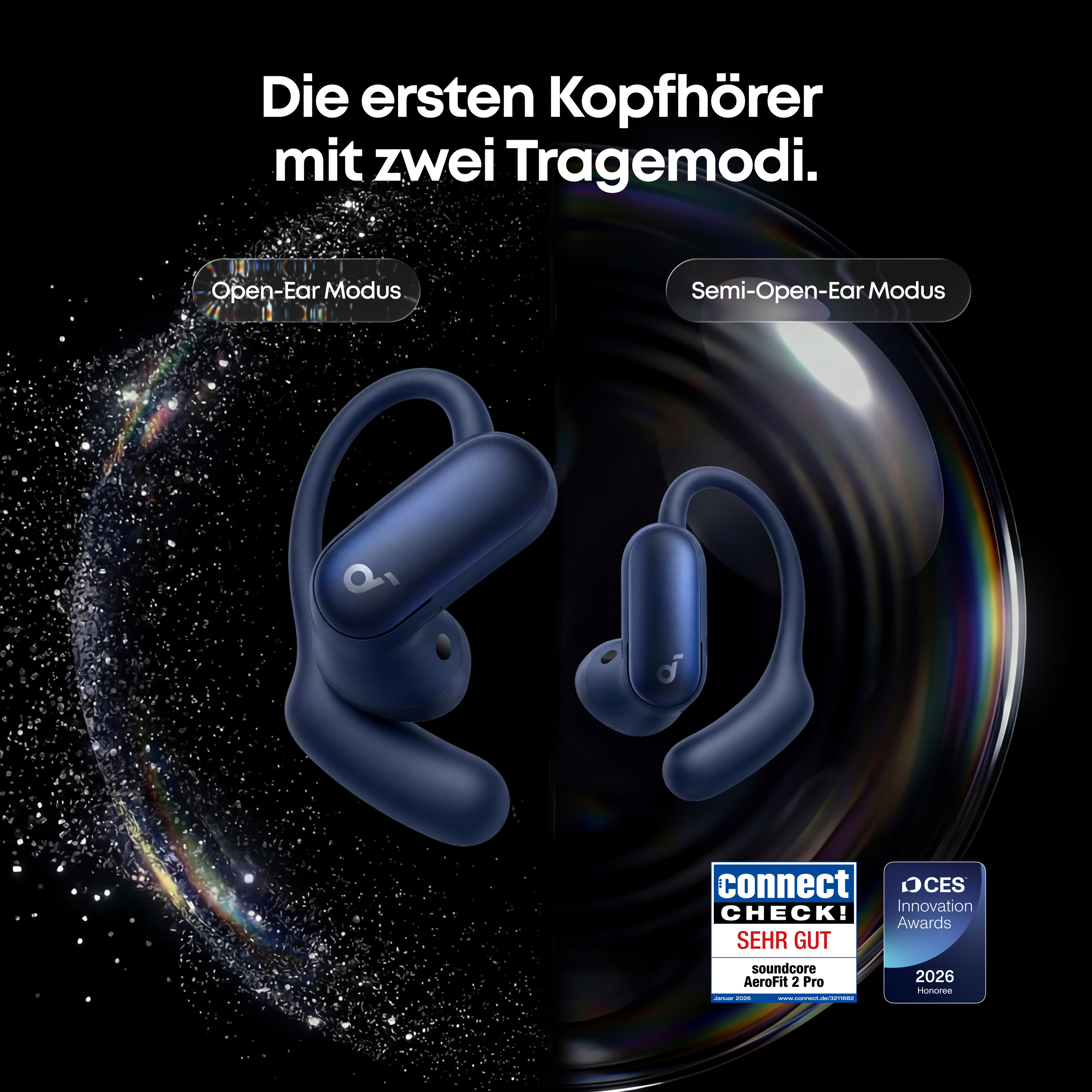 Blaue Kopfhörer in zwei Modi: Open-Ear und Semi-Open-Ear. Mit Auszeichnungen.