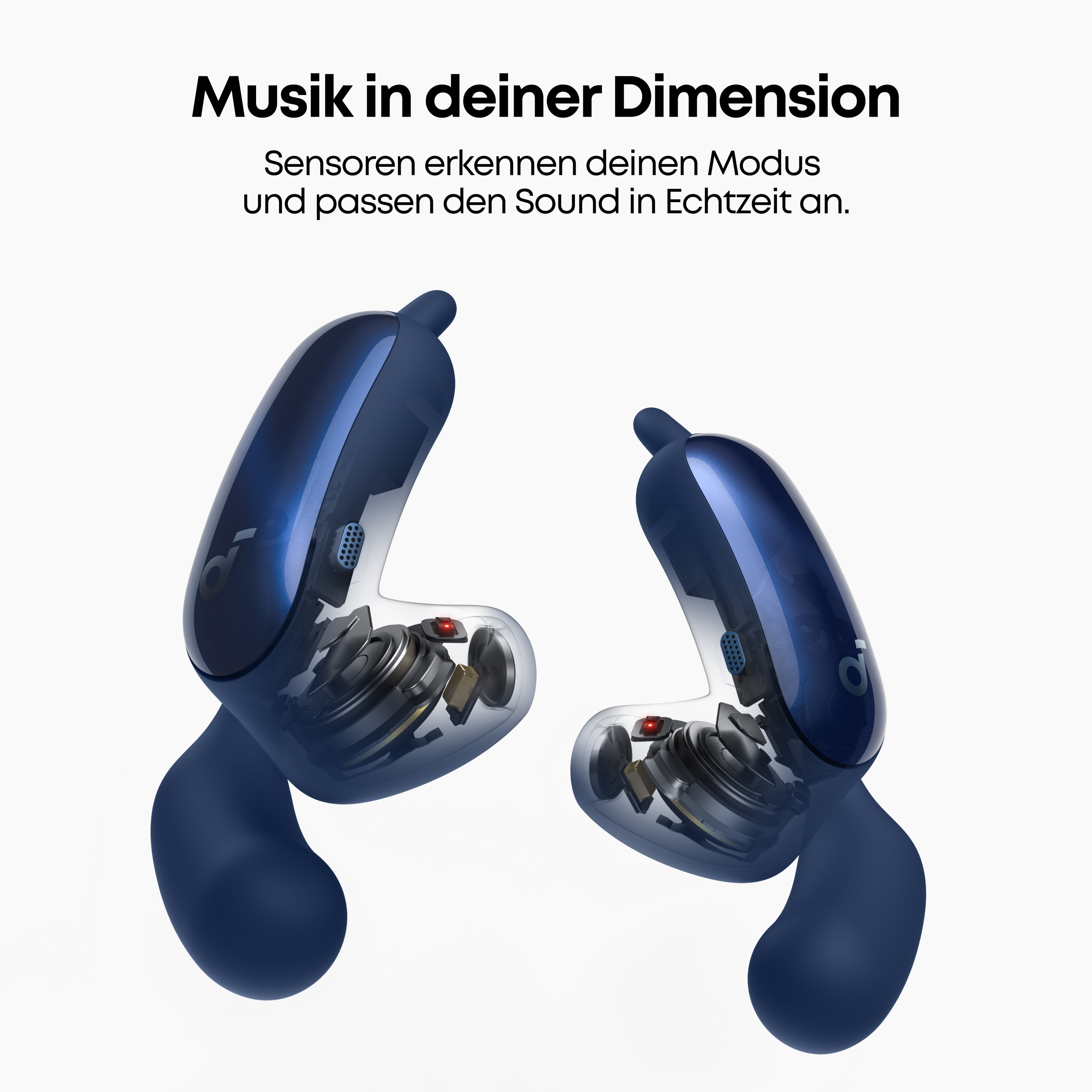 Zwei blaue Kopfhörer mit transparenten Details, die ihre interne Mechanik zeigen.