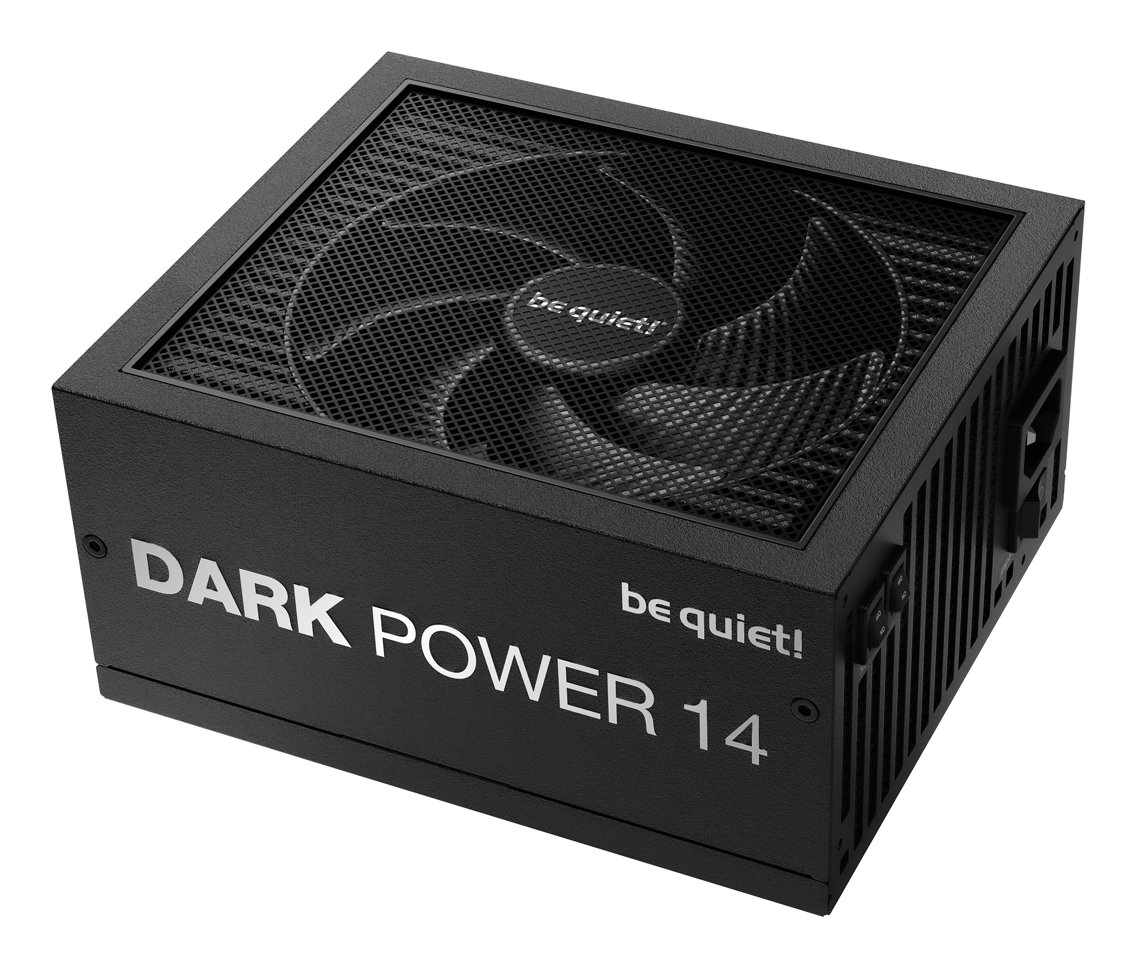 Schwarzes Netzteil mit Lüfter und "DARK POWER 14" Beschriftung.