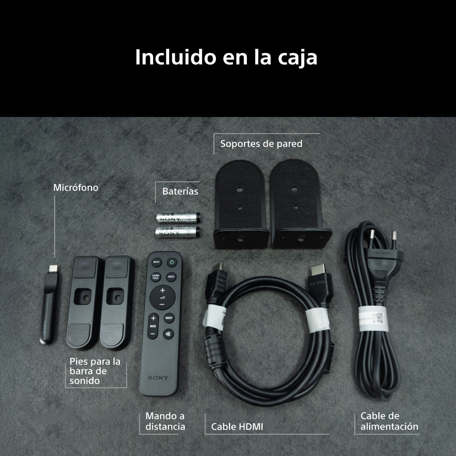 Contenido de la caja: micrófono, pilas, soportes de pared, pies, mando, cables HDMI y de alimentación.