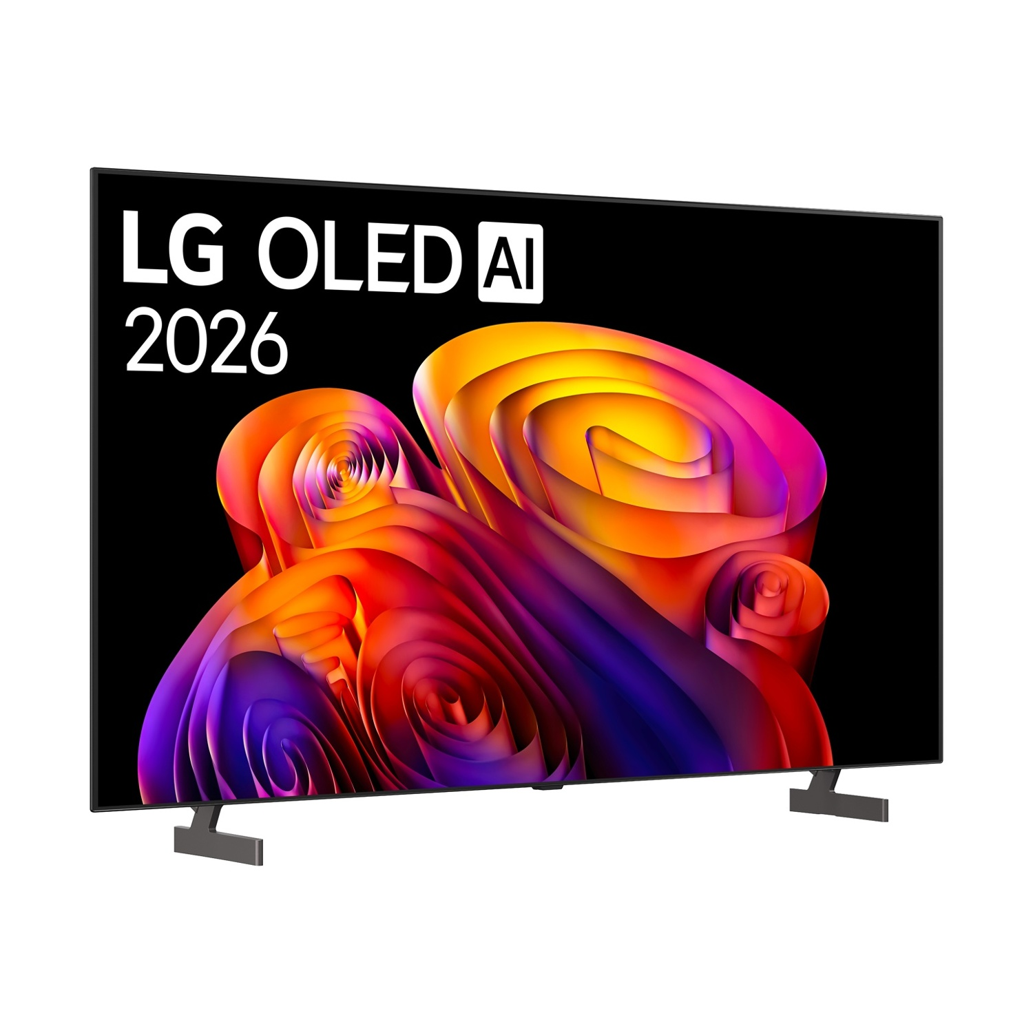 TV LG OLED AI con immagine astratta colorata e supporto.