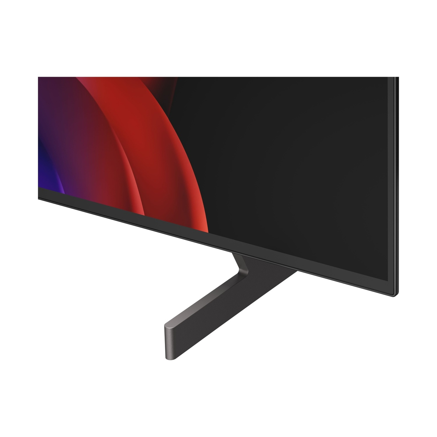 Un supporto grigio sostiene una TV nera con sfondo astratto.