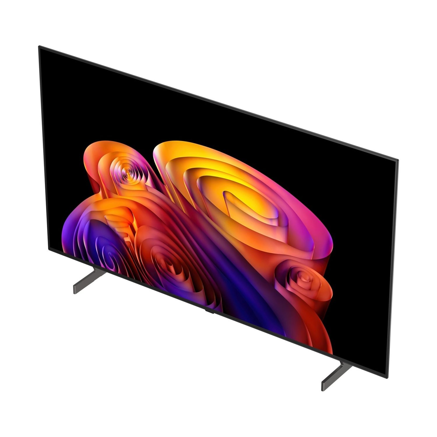 Una TV moderna a schermo piatto mostra un vibrante vortice astratto di colori viola, arancione e giallo.
