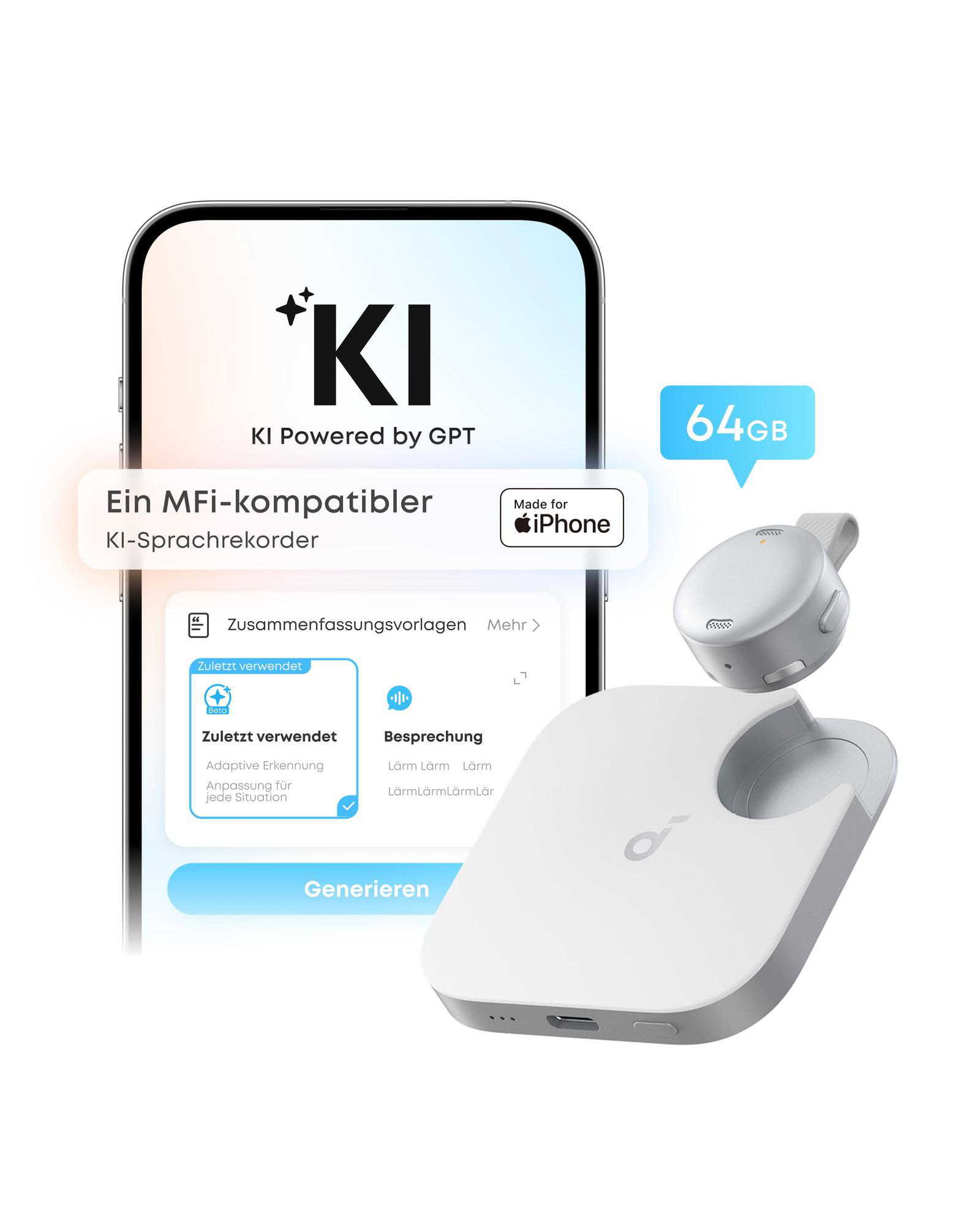 Handy-Bildschirm zeigt 'KI Powered by GPT'. Weißer KI-Rekorder steht auf Ladestation.