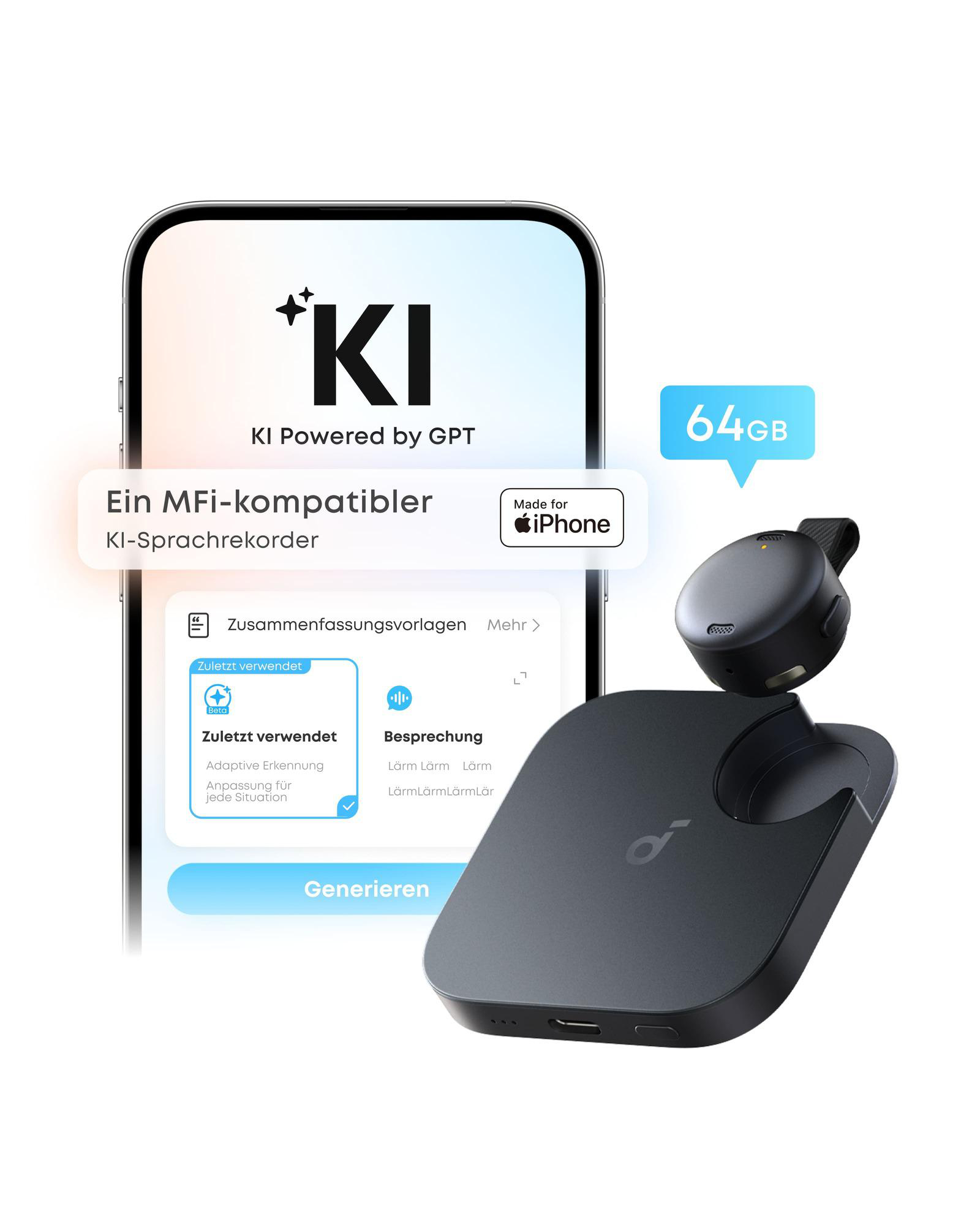 Ein Smartphone zeigt eine KI-App mit Aufnahmegerät daneben. 64 GB Speicher.