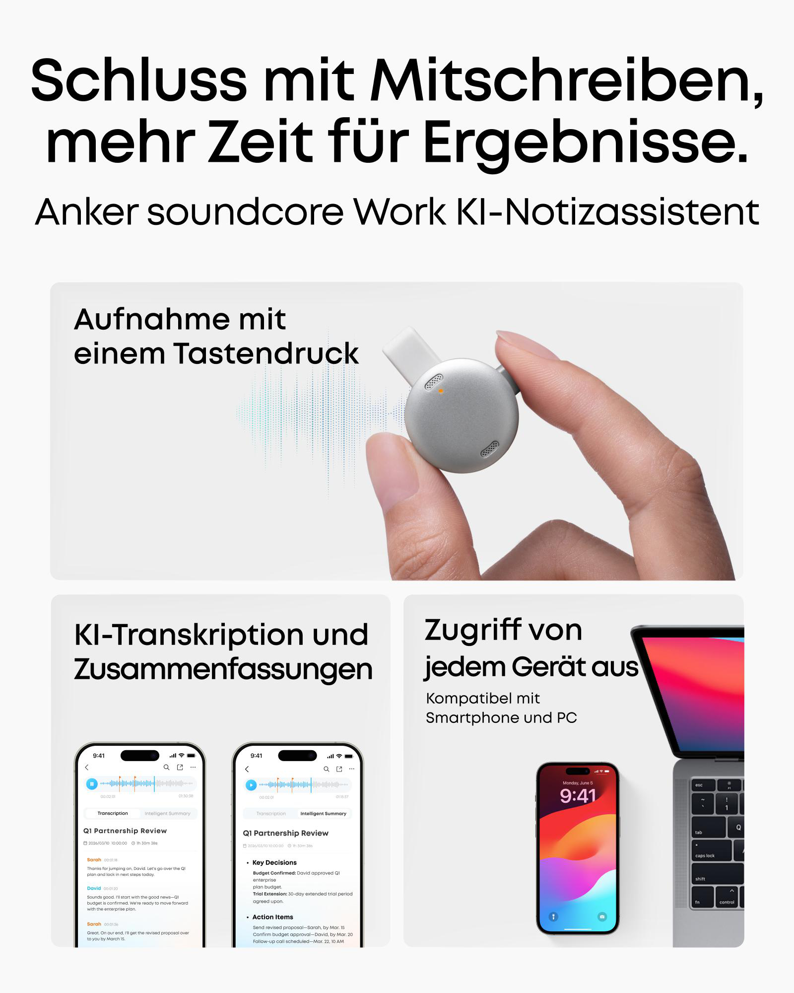 Anker soundcore Work KI-Assistent: Aufnahme, Transkription & Zugriff auf allen Geräten.