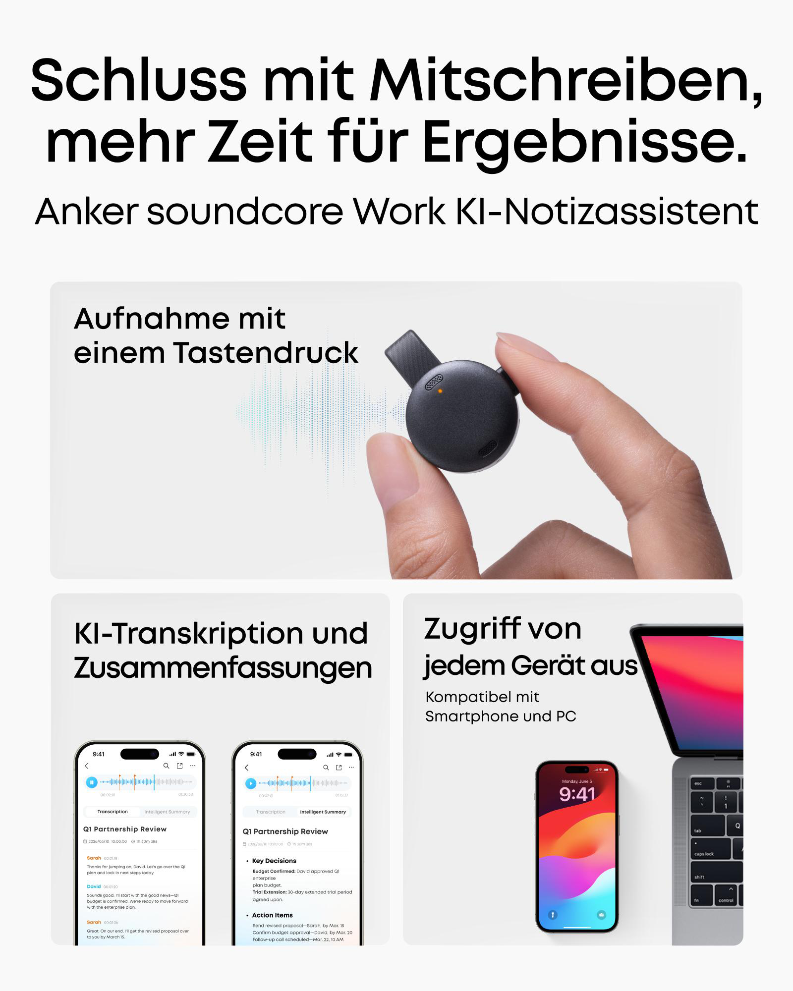 Anker soundcore Work KI-Assistent mit Aufnahme, Transkription & Zugriff auf allen Geräten.