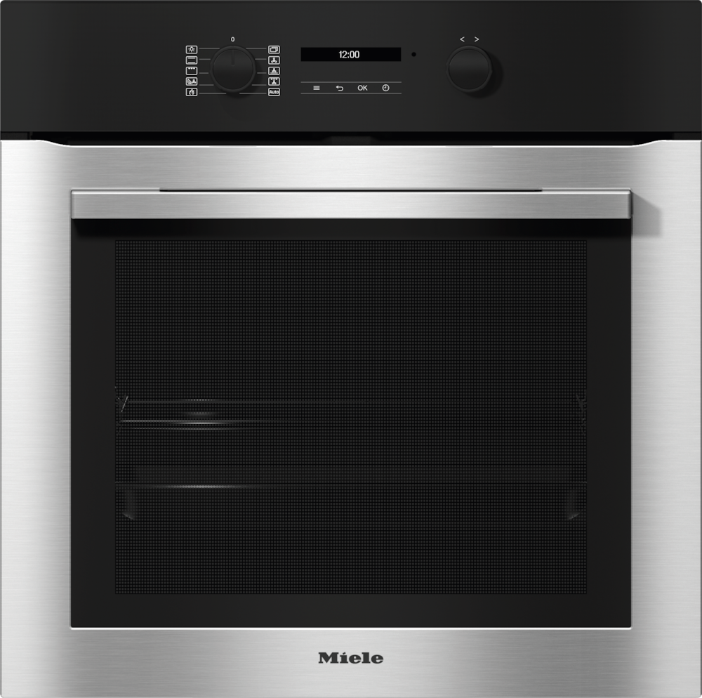 Ein Miele Einbaubackofen mit silbernem Griff und schwarzer Glastür.