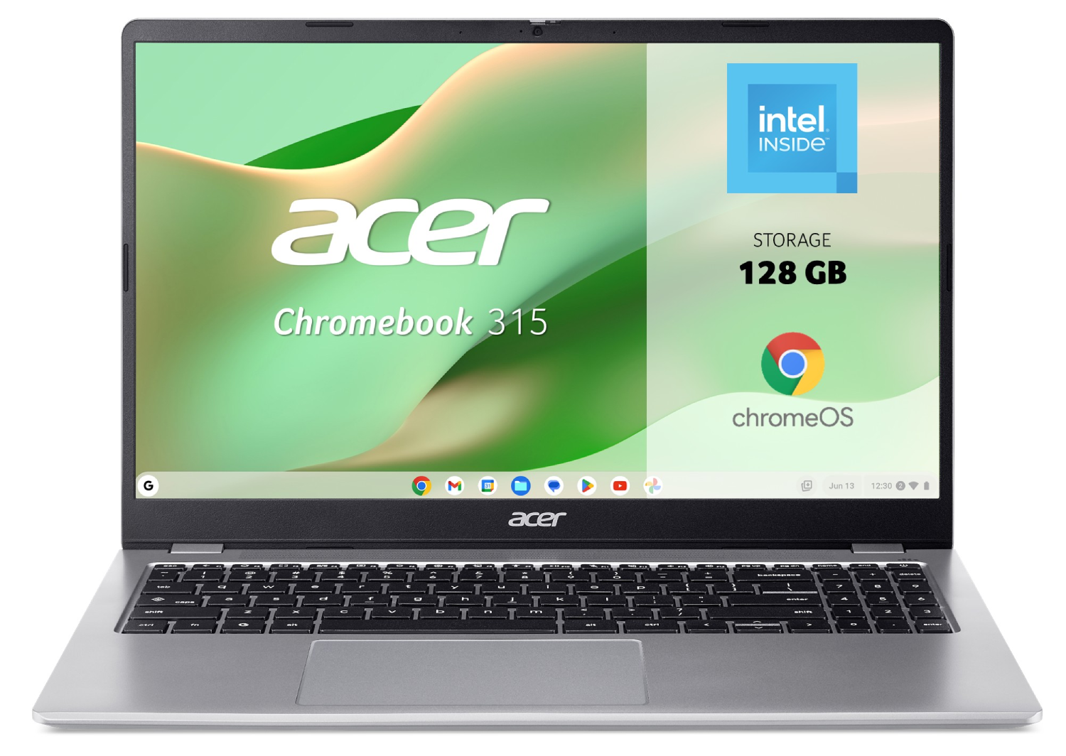 Un Acer Chromebook 315 con Intel Inside y 128 GB de almacenamiento en pantalla.