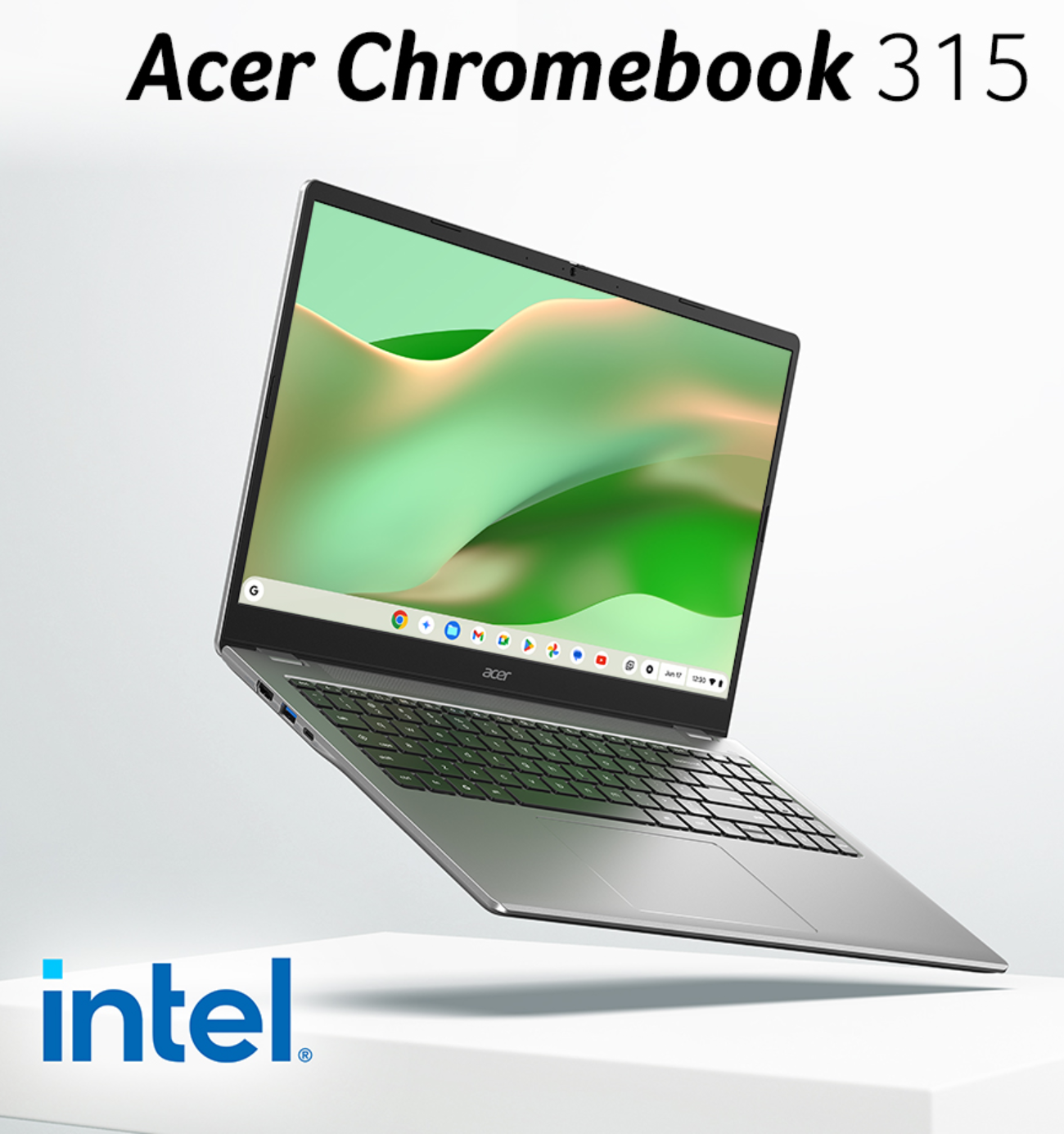 Un Acer Chromebook 315 plateado con logo de Intel y fondo verde.