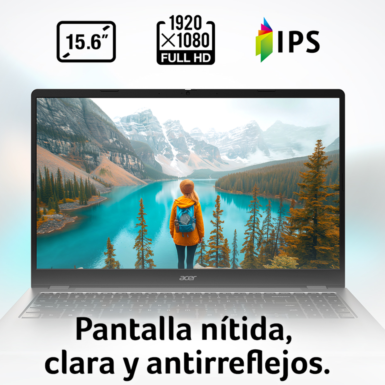 Un portátil con pantalla IPS de 15,6" (1920x1080) muestra a una persona ante un lago de montaña.