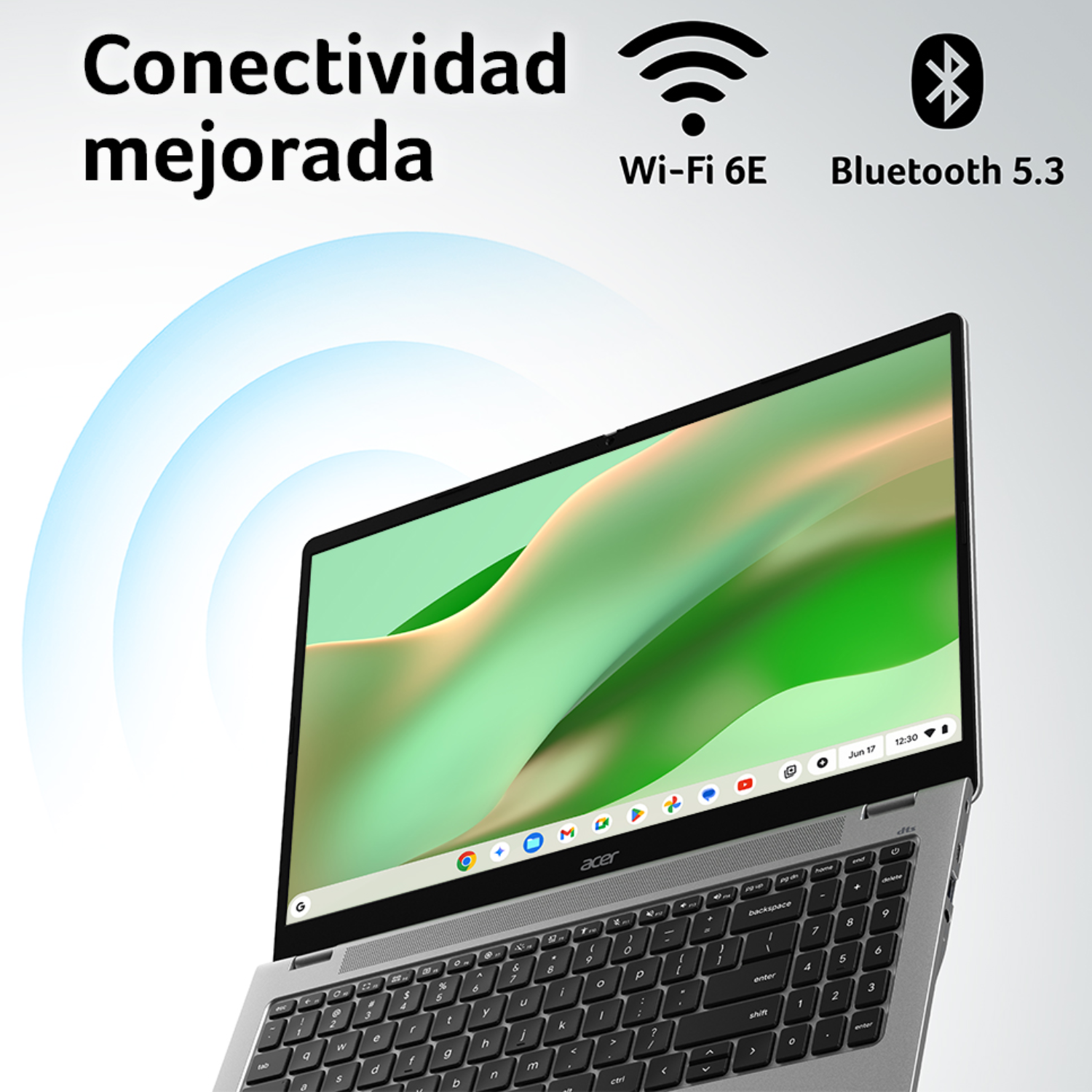 Laptop con Wi-Fi 6E y Bluetooth 5.3, conectividad mejorada.