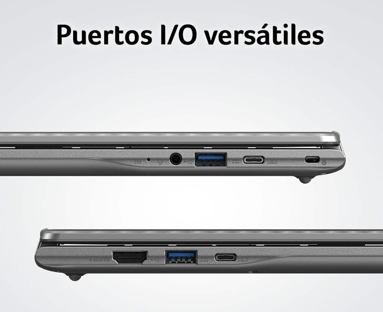 Primer plano de puertos de portátil: USB-A, USB-C, HDMI y toma de audio.