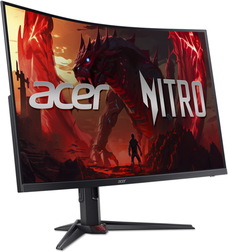 Un moniteur incurvé Acer Nitro affiche un dragon et un guerrier.