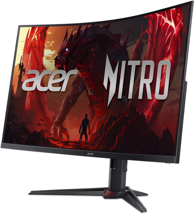 Un moniteur incurvé affiche un jeu avec un dragon et un guerrier.