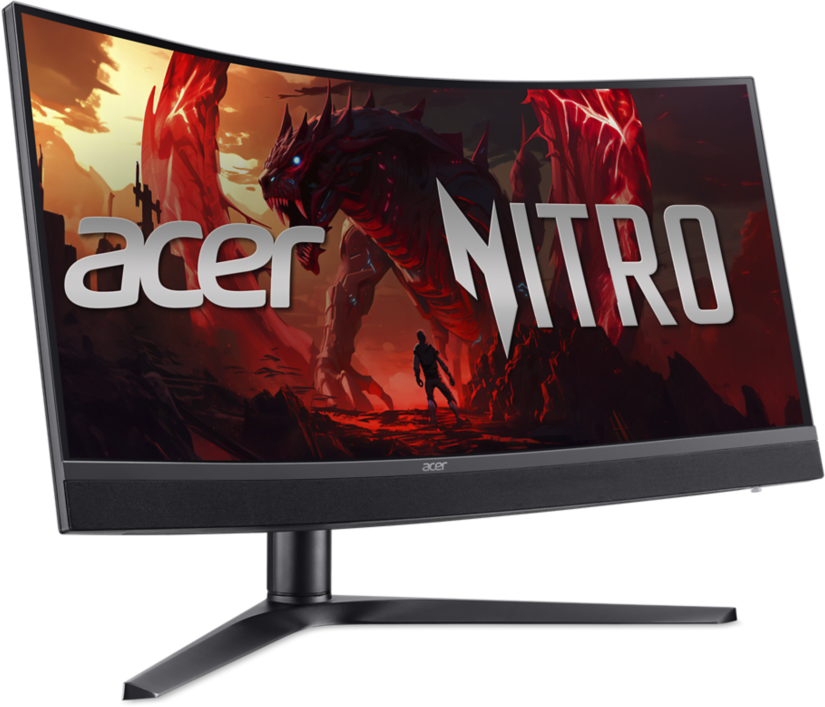 Moniteur incurvé Acer Nitro affiche dragon et guerrier dans paysage enflammé.