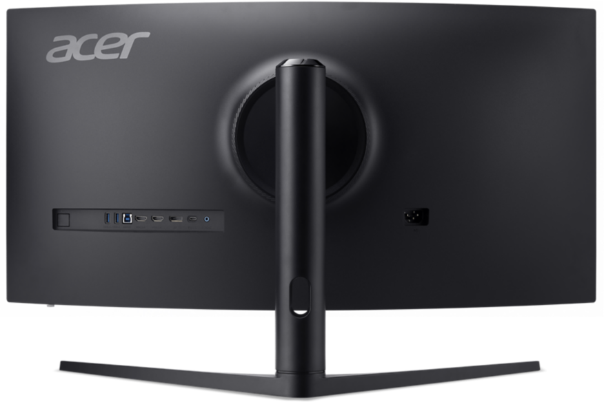 Arrière d'un moniteur Acer noir avec ports, pied et logo Acer.