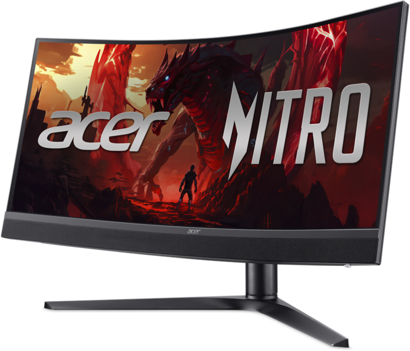 Un écran incurvé affiche l'image d'un dragon avec le logo Acer Nitro.