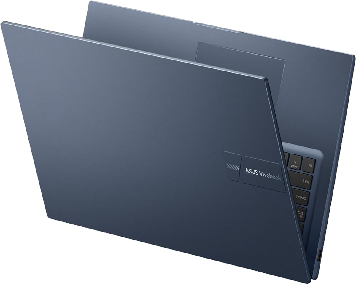 Egy kék ASUS Vivobook laptop, félig nyitva, a billentyűzet látszik.