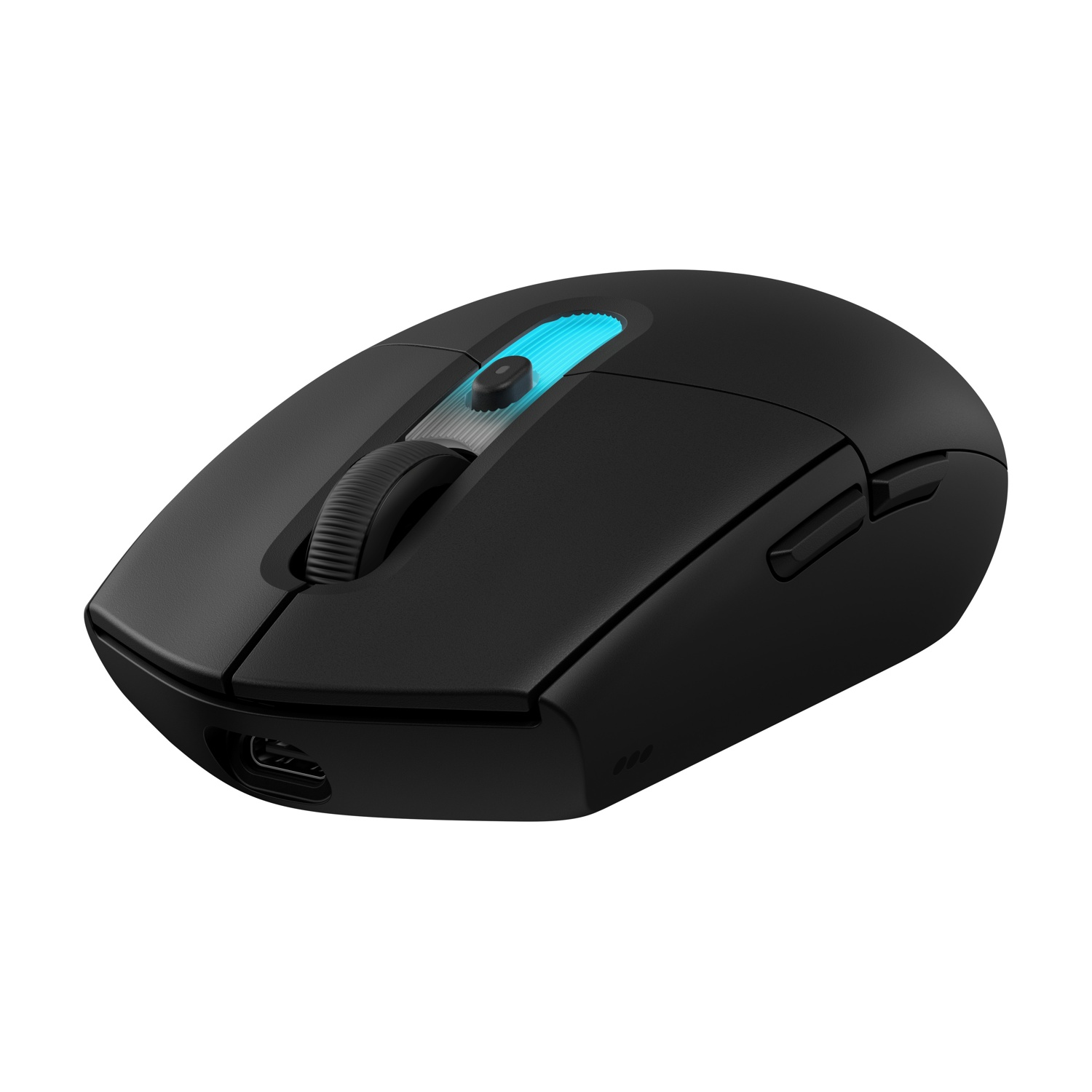 Mouse per computer nero con luce blu e porta USB-C.