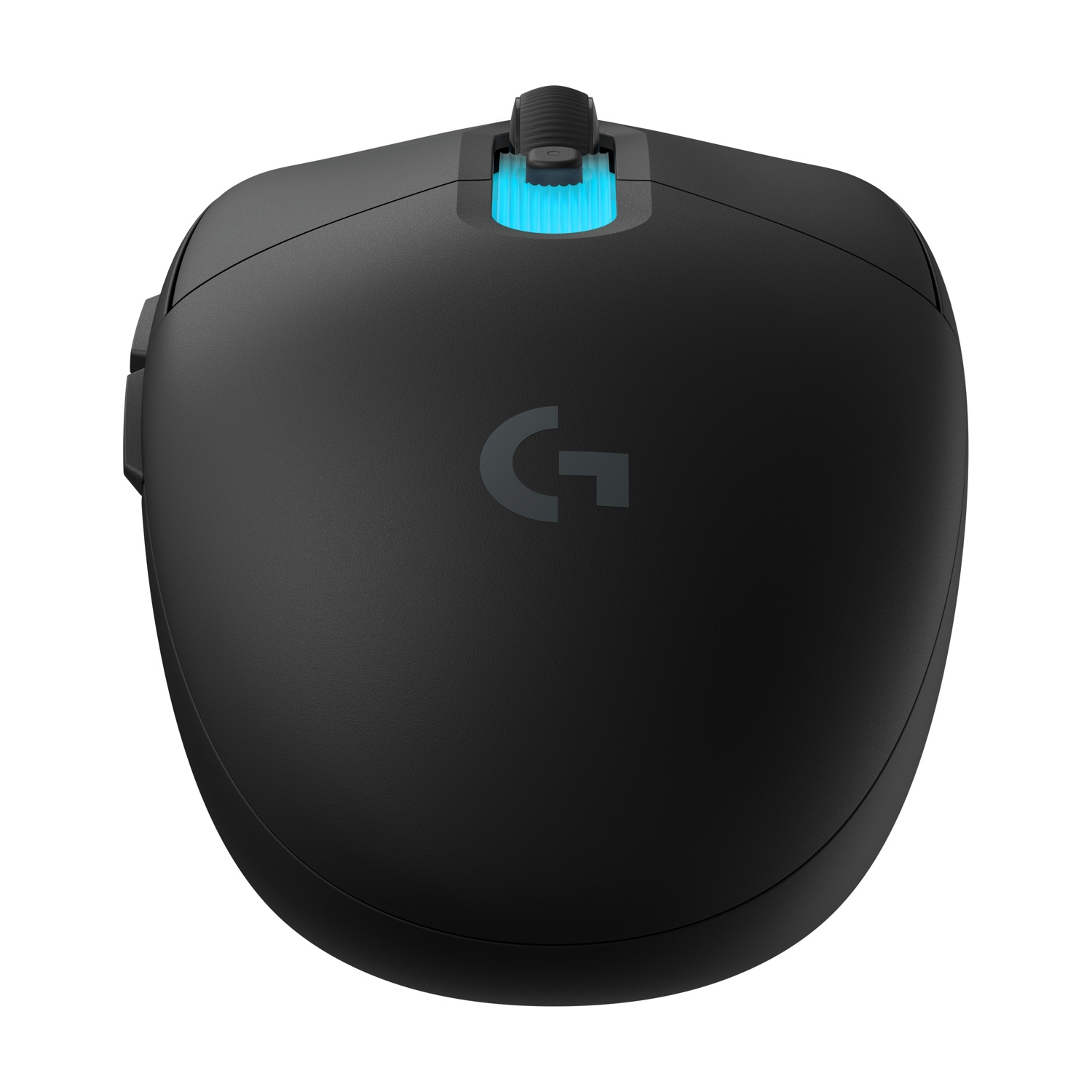 Mouse nero con rotellina illuminata di blu e logo G grigio.