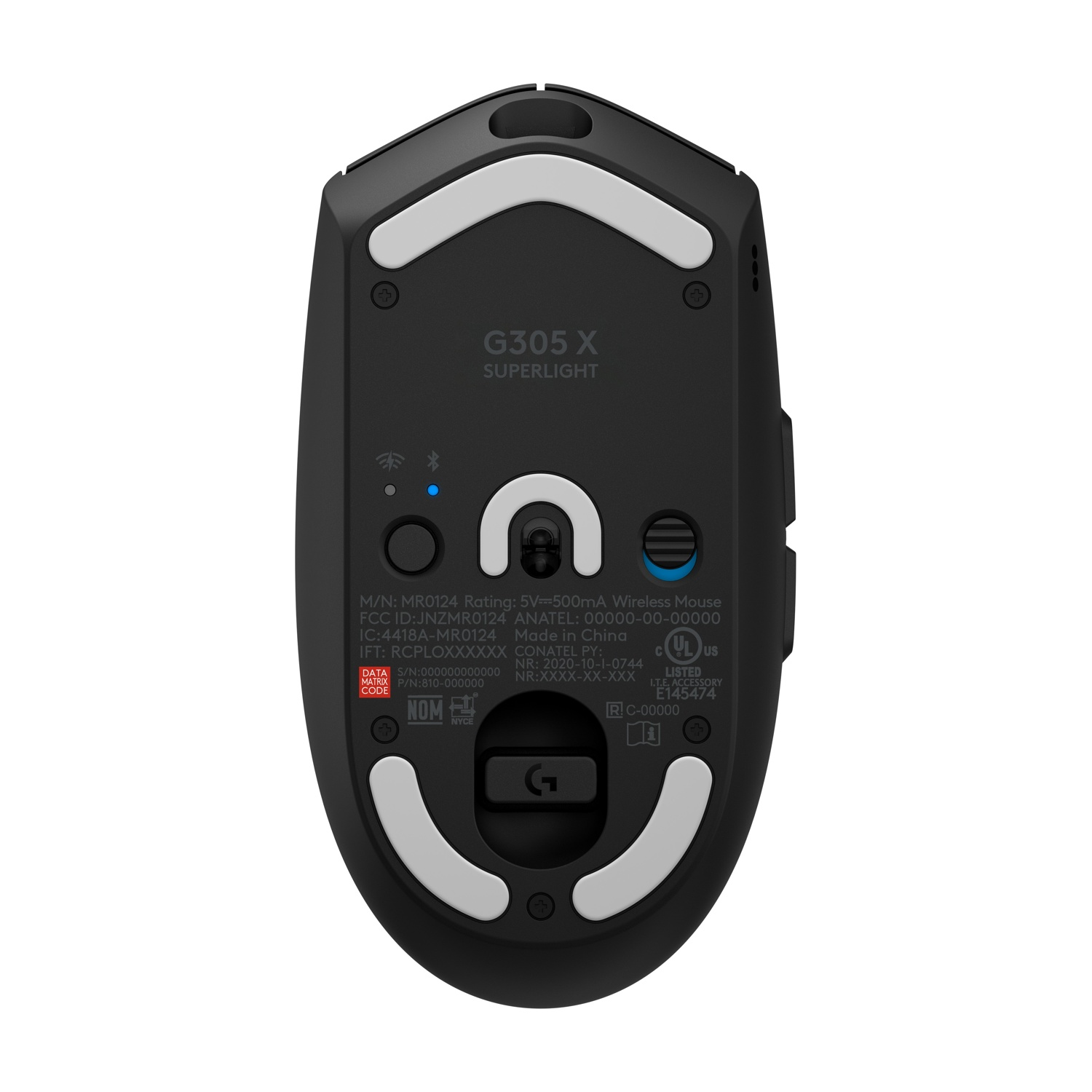 Vista inferiore di un mouse da gioco wireless Logitech G305 X nero con piedini bianchi.