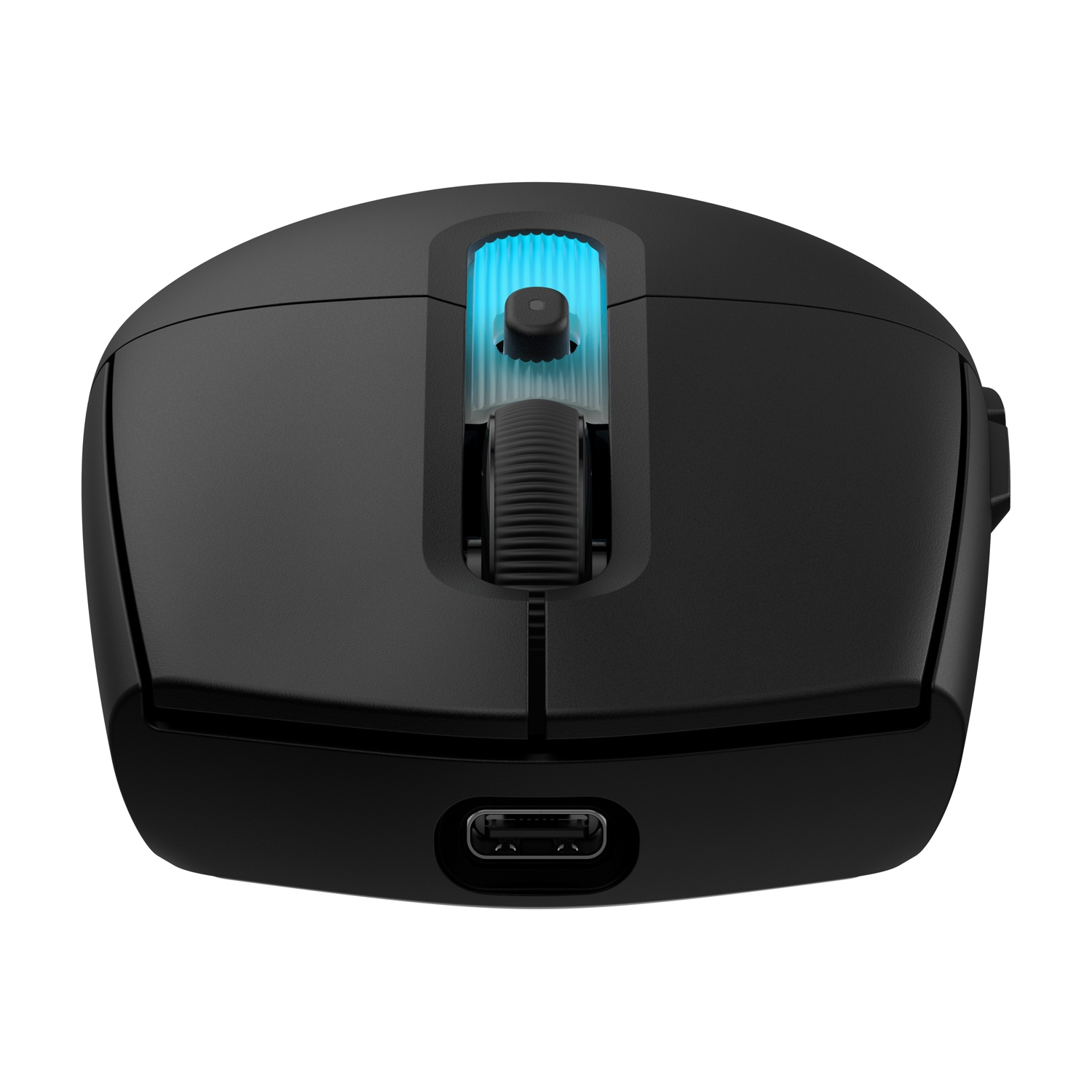 Mouse nero con rotella illuminata di blu e porta USB-C.