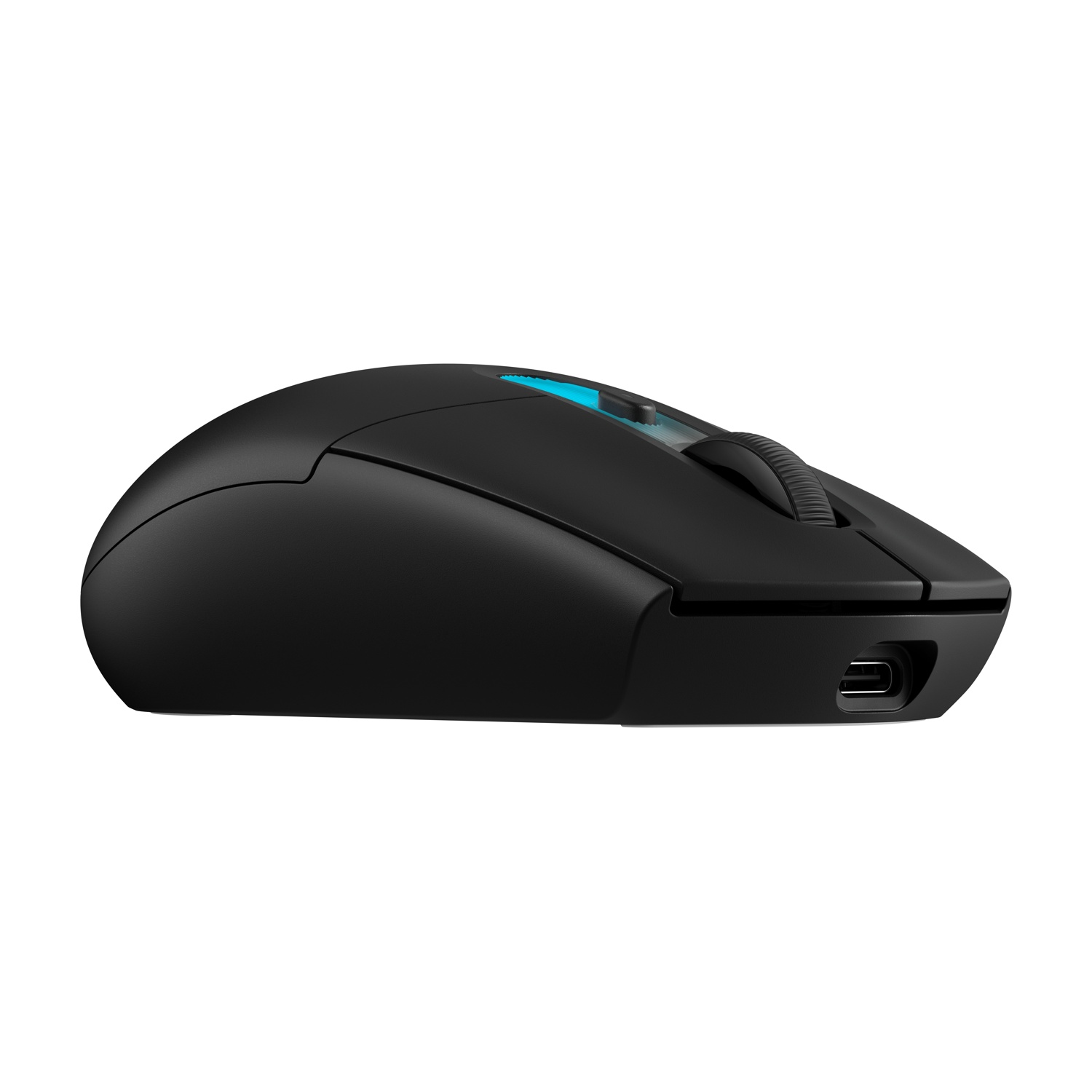 Mouse gaming wireless nero con luce blu e porta USB-C.