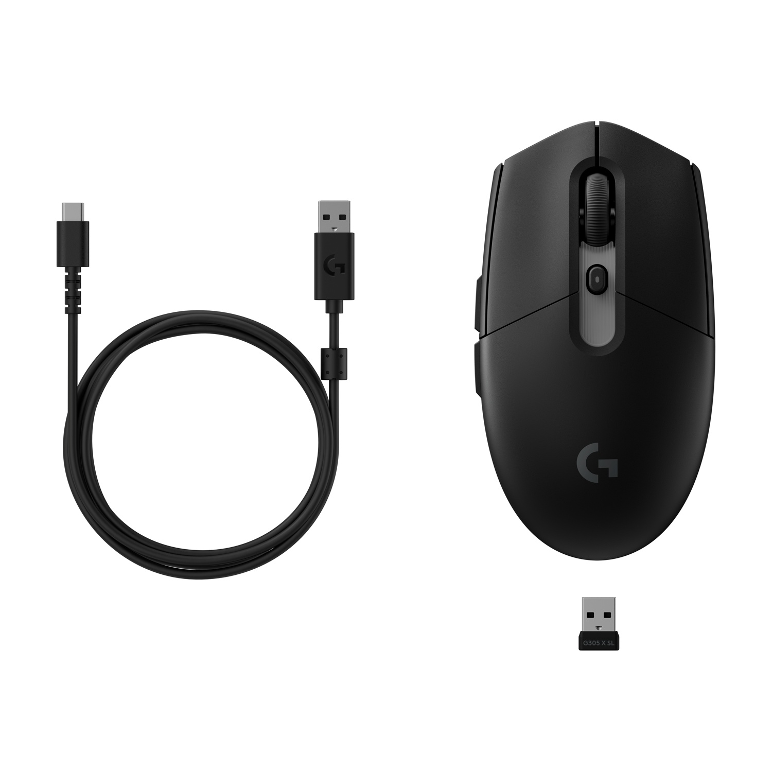 Mouse gaming nero con cavo, dongle USB e logo Logitech.