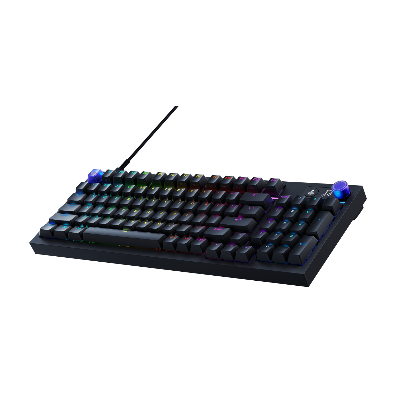 Una tastiera meccanica nera con retroilluminazione RGB e manopola del volume blu.
