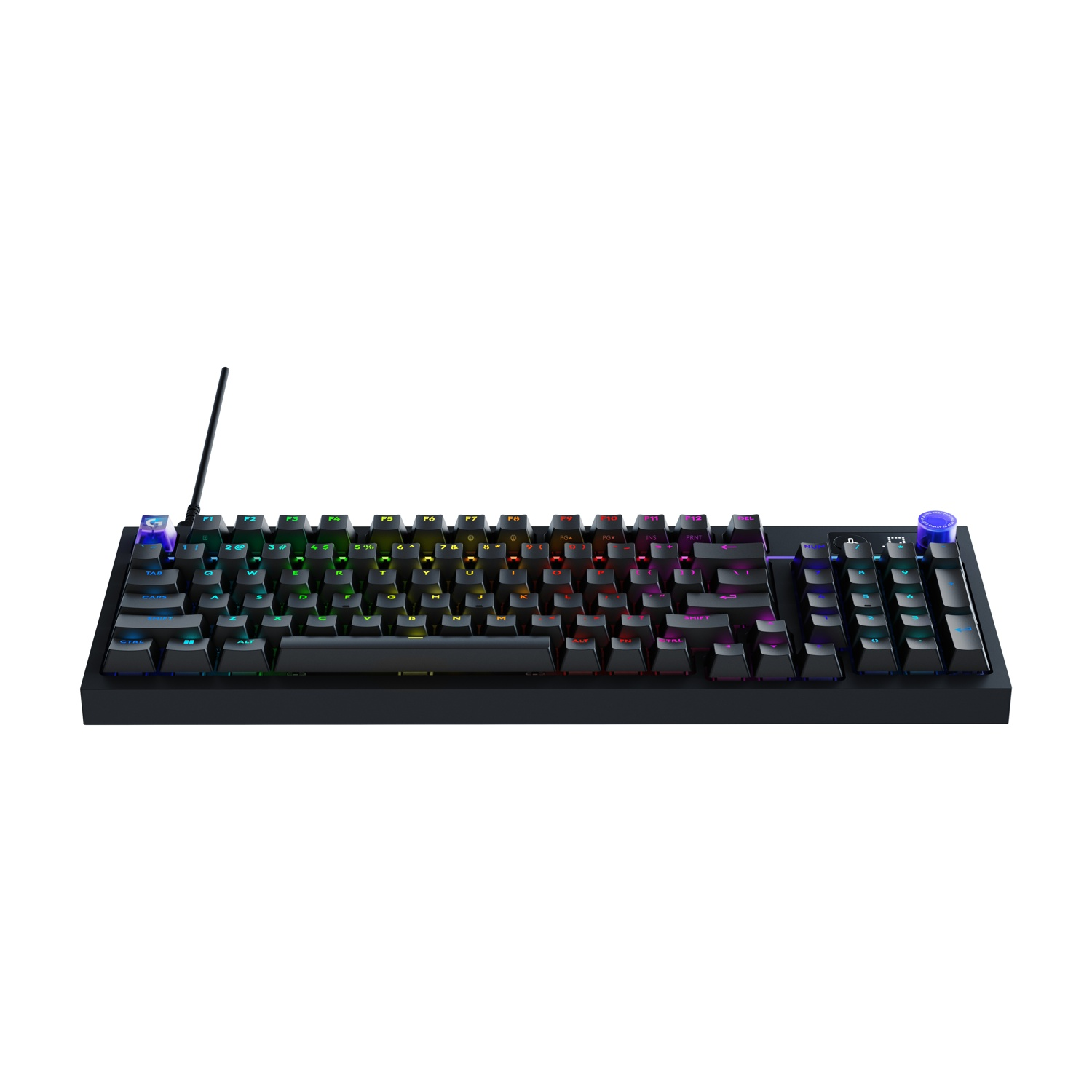 Una tastiera gaming nera con illuminazione RGB e un cavo.