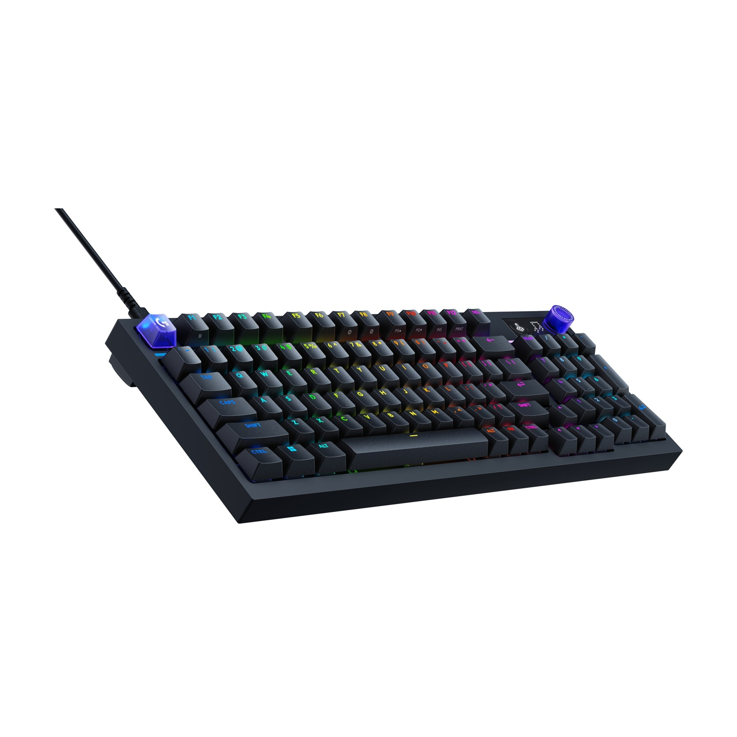 Una tastiera nera con tasti illuminati RGB e un tasto G blu.
