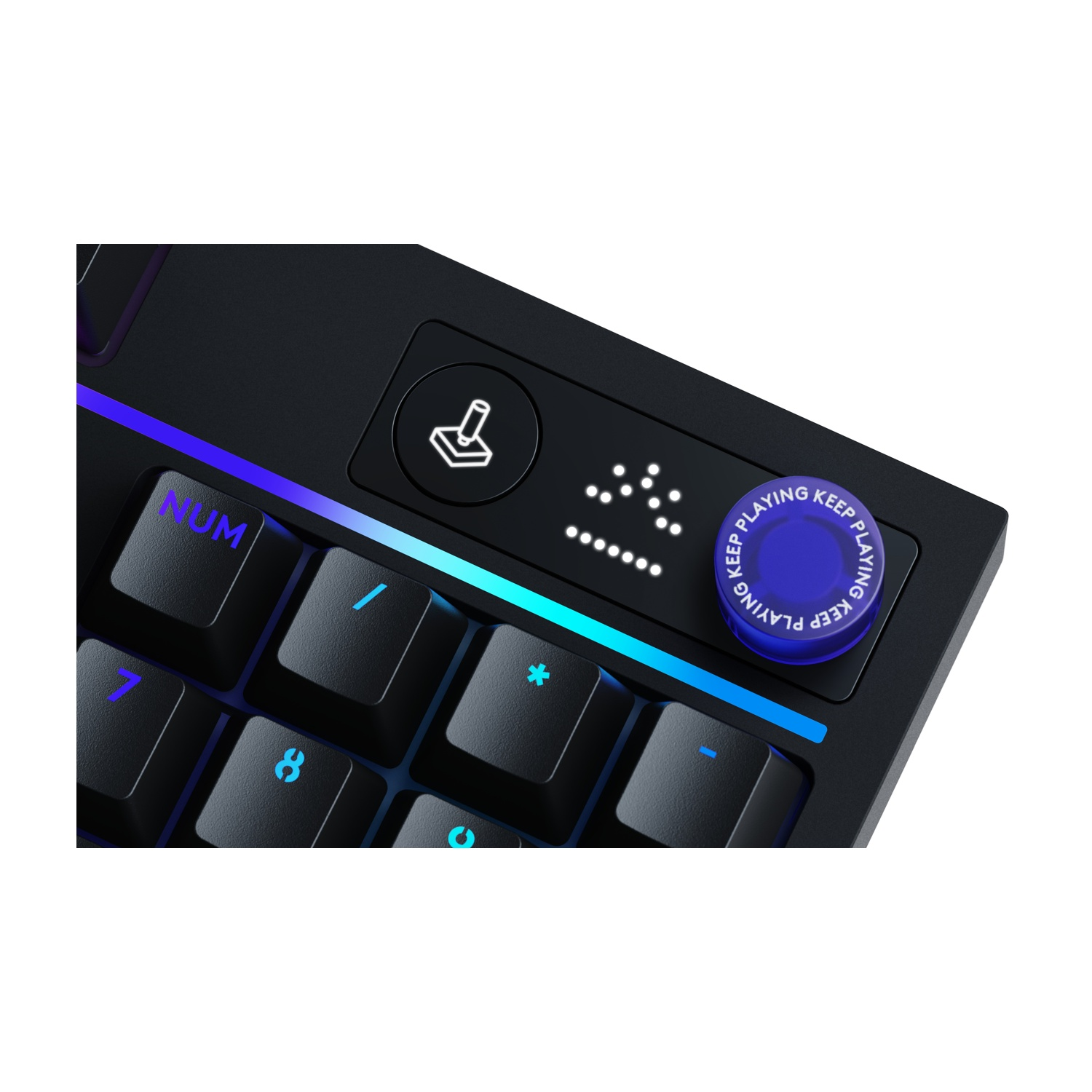 Tastiera nera con illuminazione blu, icona joystick e una manopola rotante.