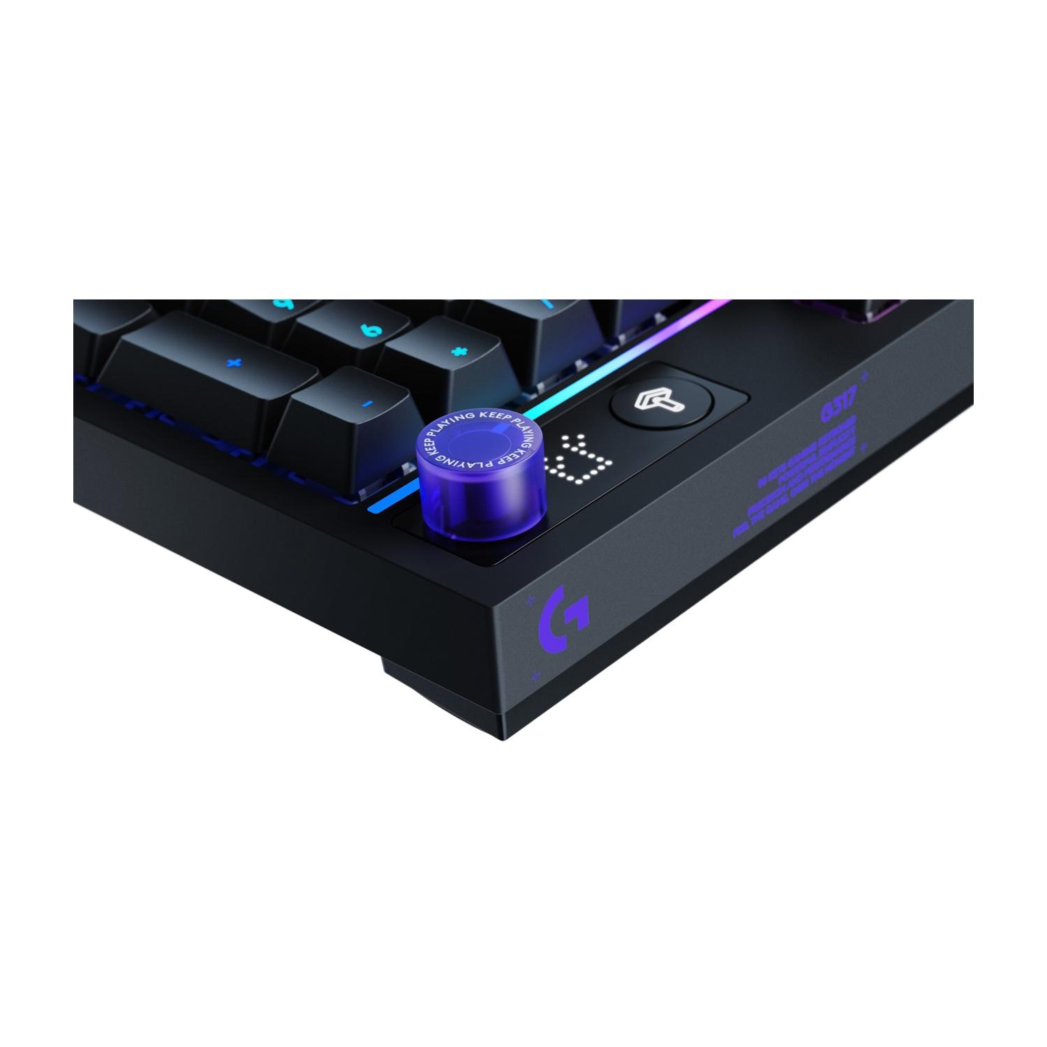 Tastiera nera con illuminazione RGB, quadrante viola e logo Logitech.