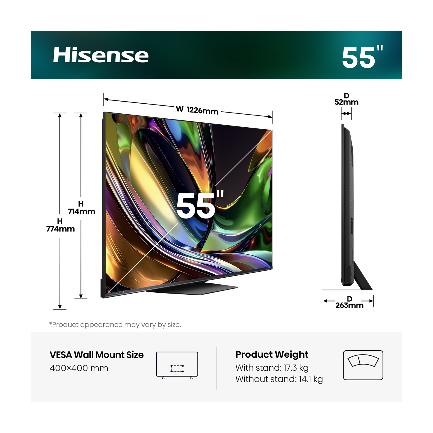TV Hisense 55 pollici: Larg. 1226mm, Alt. 714/774mm, Prof. 52/263mm. VESA 400x400mm.
