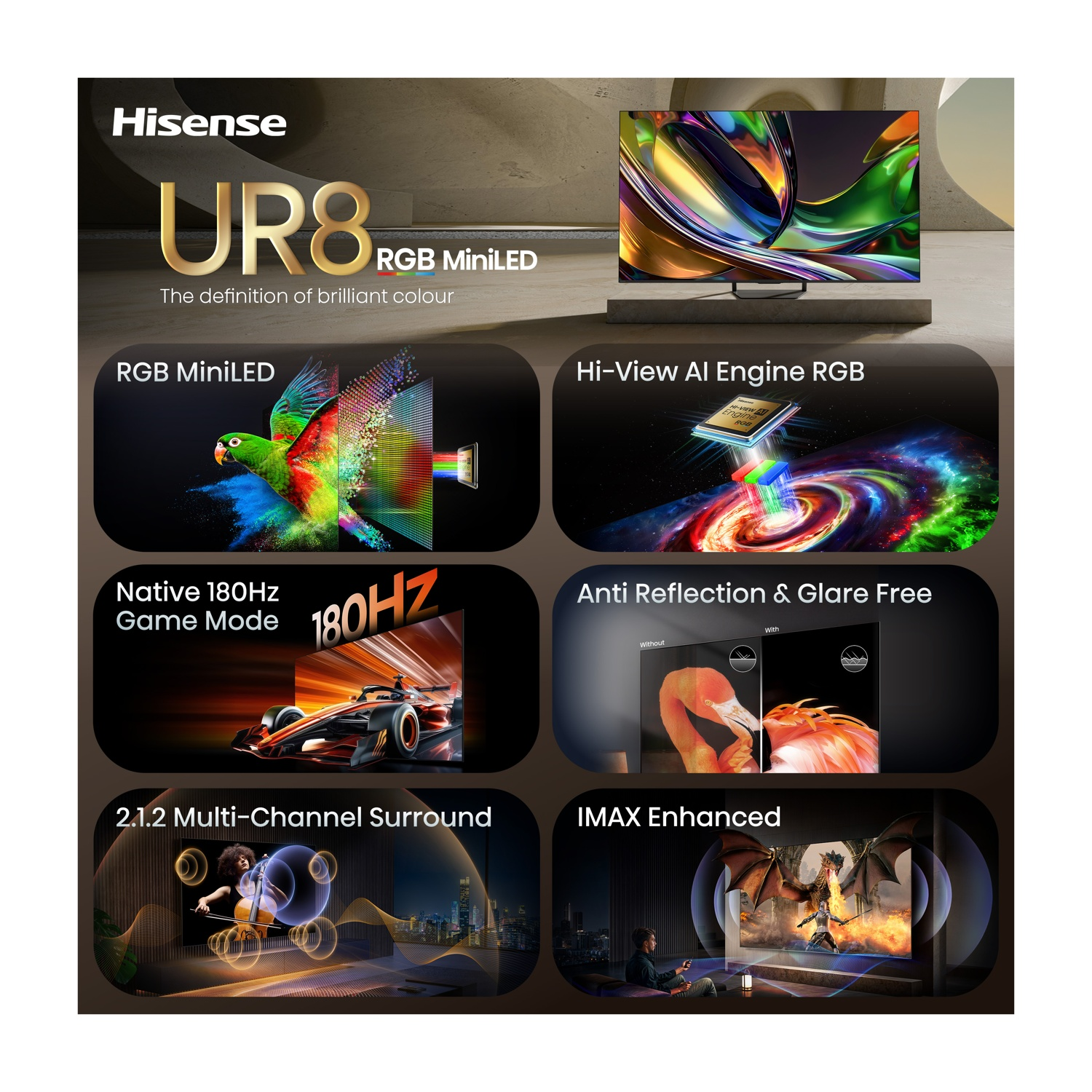 TV Hisense UR8 RGB MiniLED con pappagallo, auto da corsa, chip e drago.