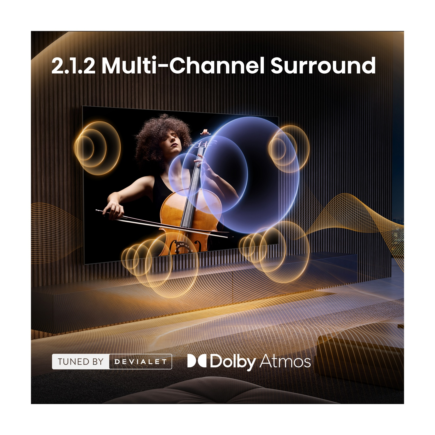 Un violoncellista suona davanti a una TV che mostra l'audio surround multicanale 2.1.2.