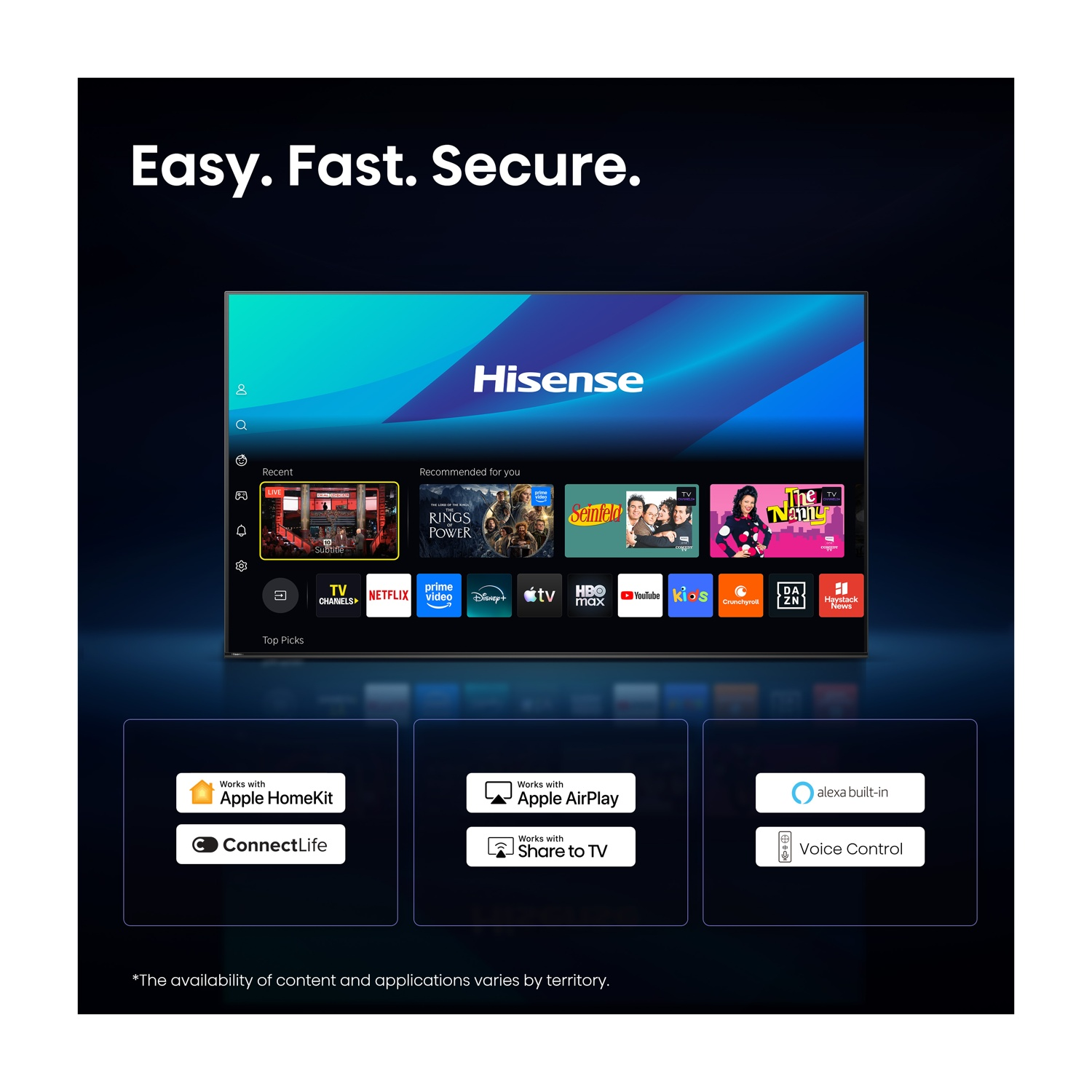 Schermata principale Hisense Smart TV con app, HomeKit, AirPlay, Alexa e controllo vocale.