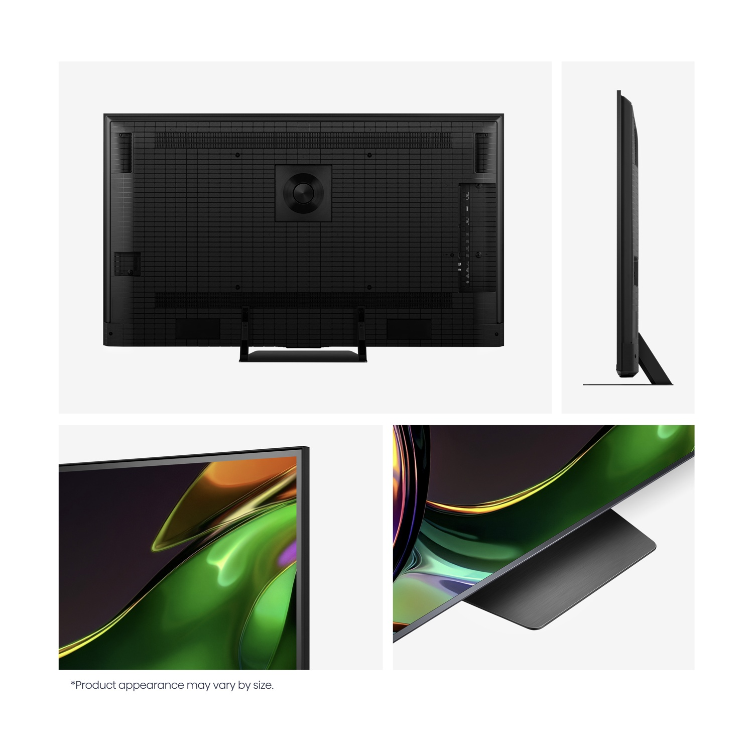 Vista posteriore e laterale di una TV nera con porte. Primi piani mostrano dettagli dello schermo e del supporto.