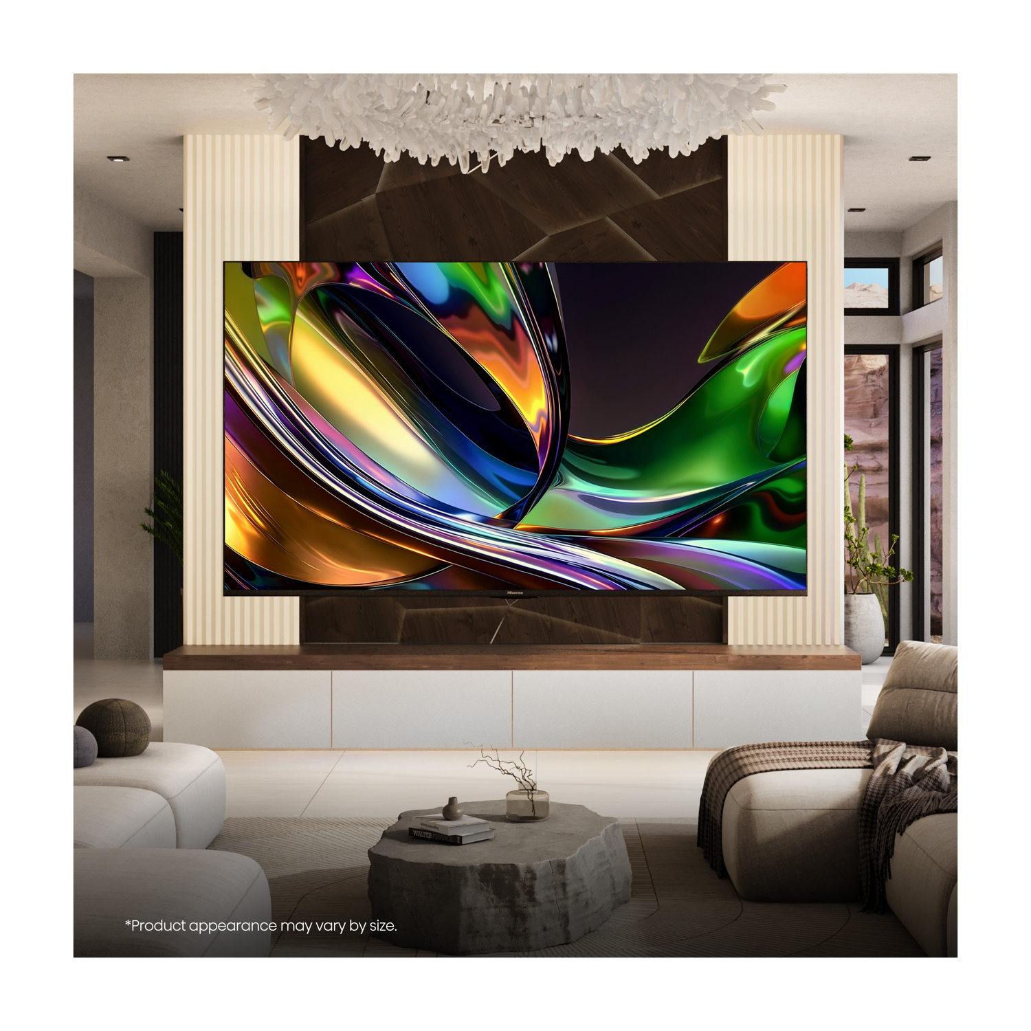 Un soggiorno moderno con un grande televisore che mostra un'immagine colorata.