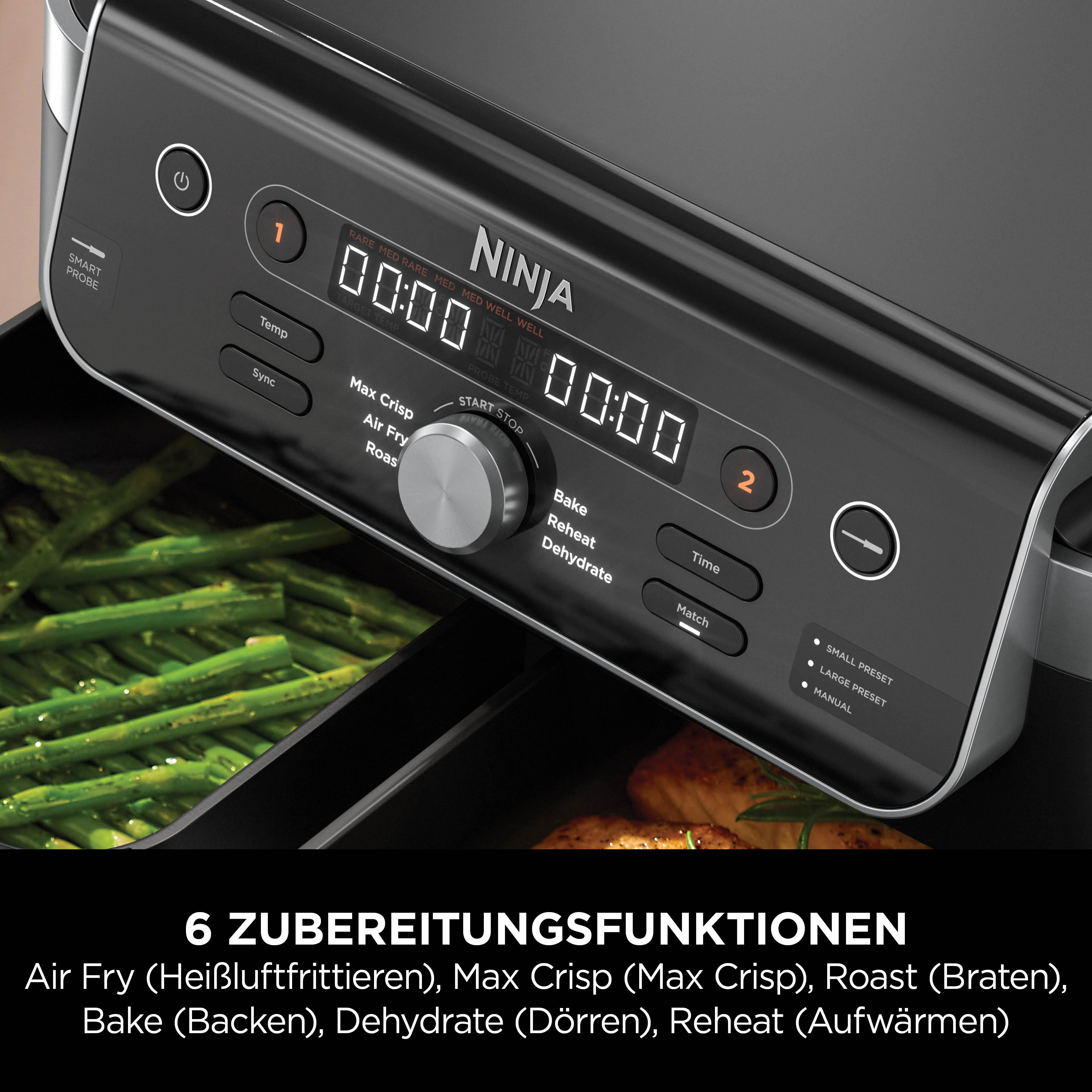 Ninja Heißluftfritteuse mit digitalen Bedienelementen und Gargut im Fokus.