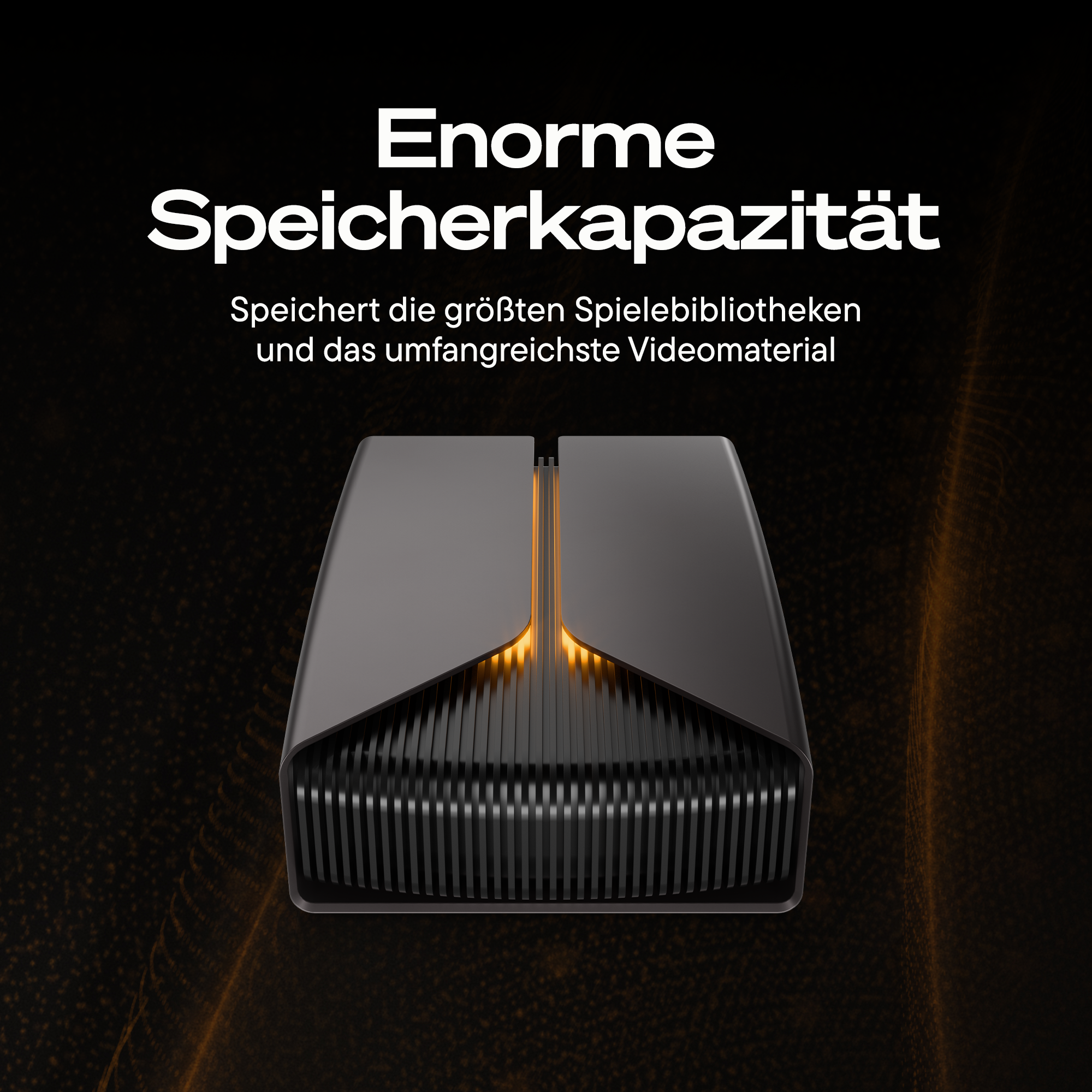 Ein schwarzes Speichergerät mit orangefarbener Beleuchtung, auf dunklem Hintergrund.