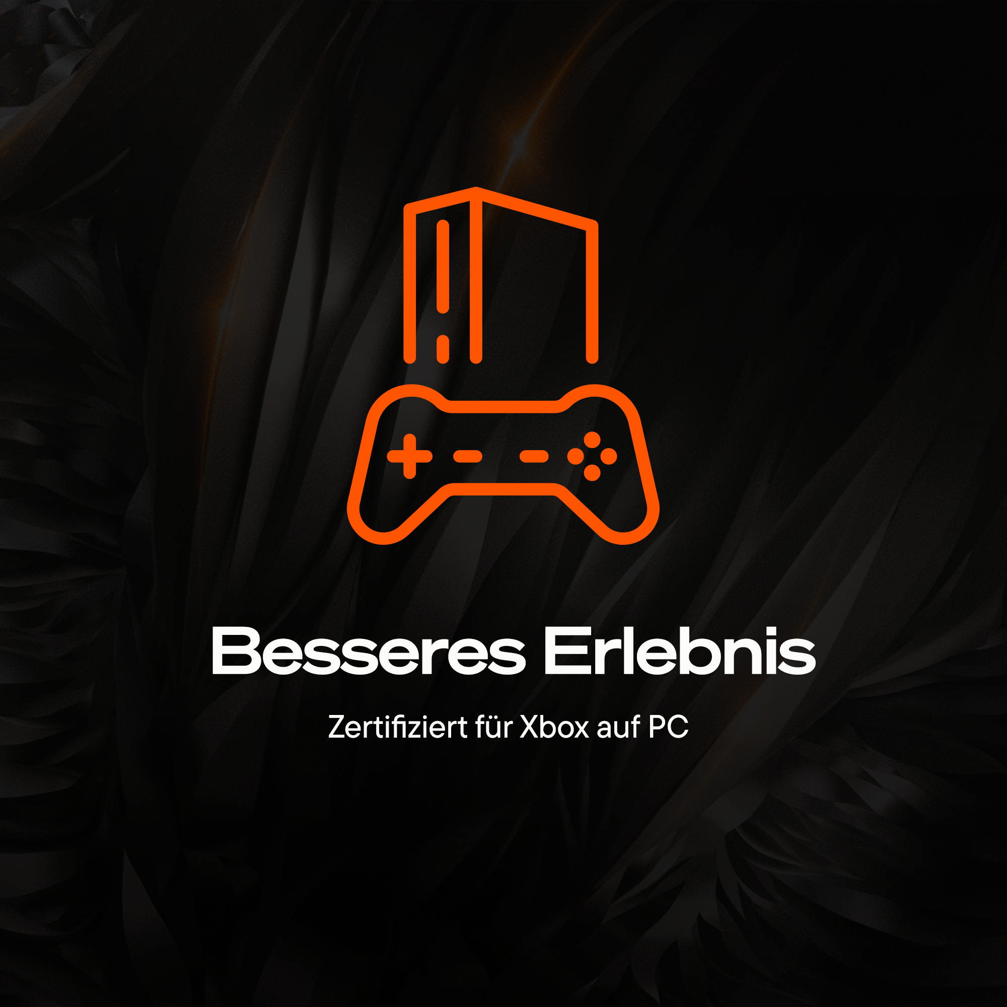 Orangefarbene Xbox-Controller- und PC-Symbole auf dunklem Hintergrund.