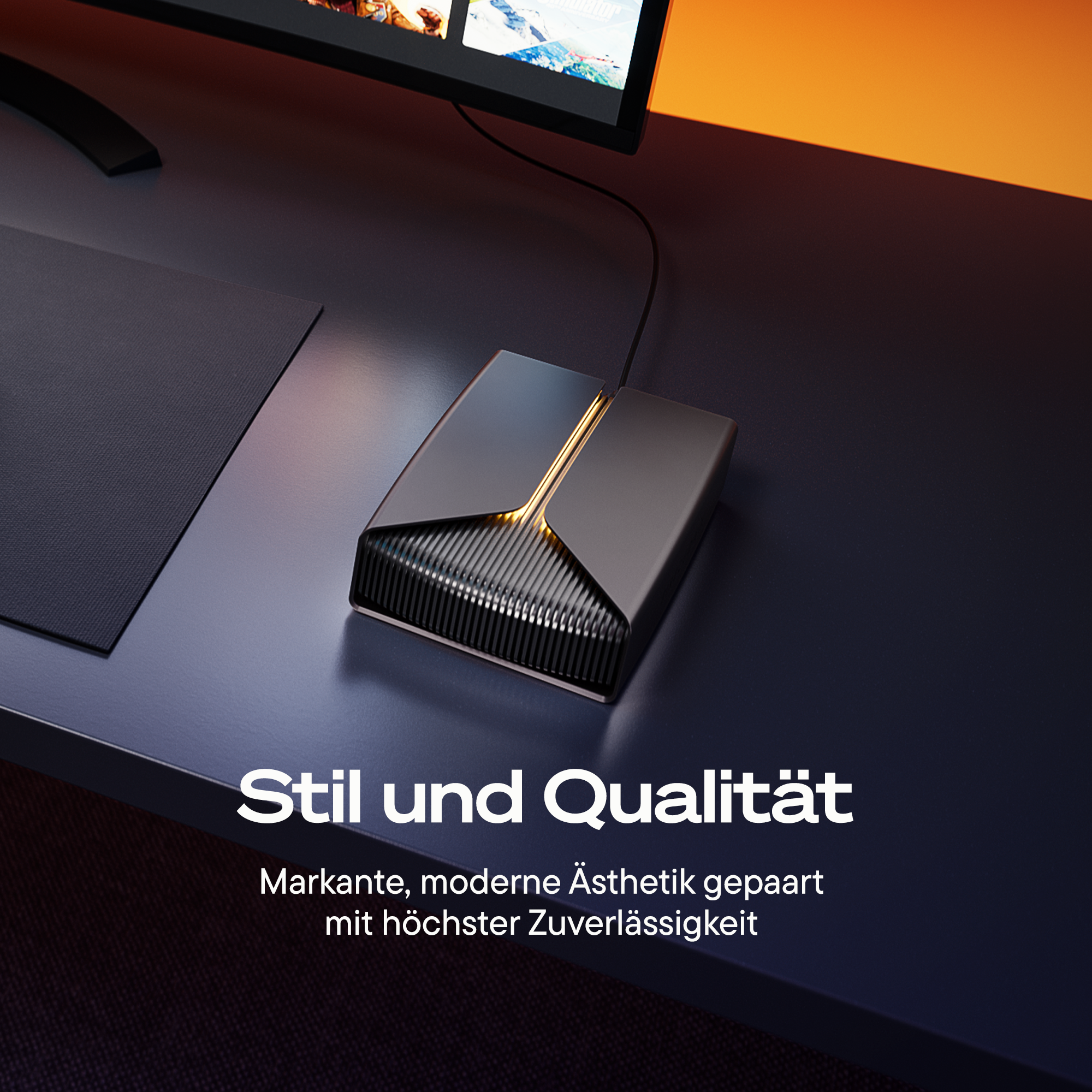 Schwarzes, modernes Gerät mit Beleuchtung auf einem Schreibtisch.