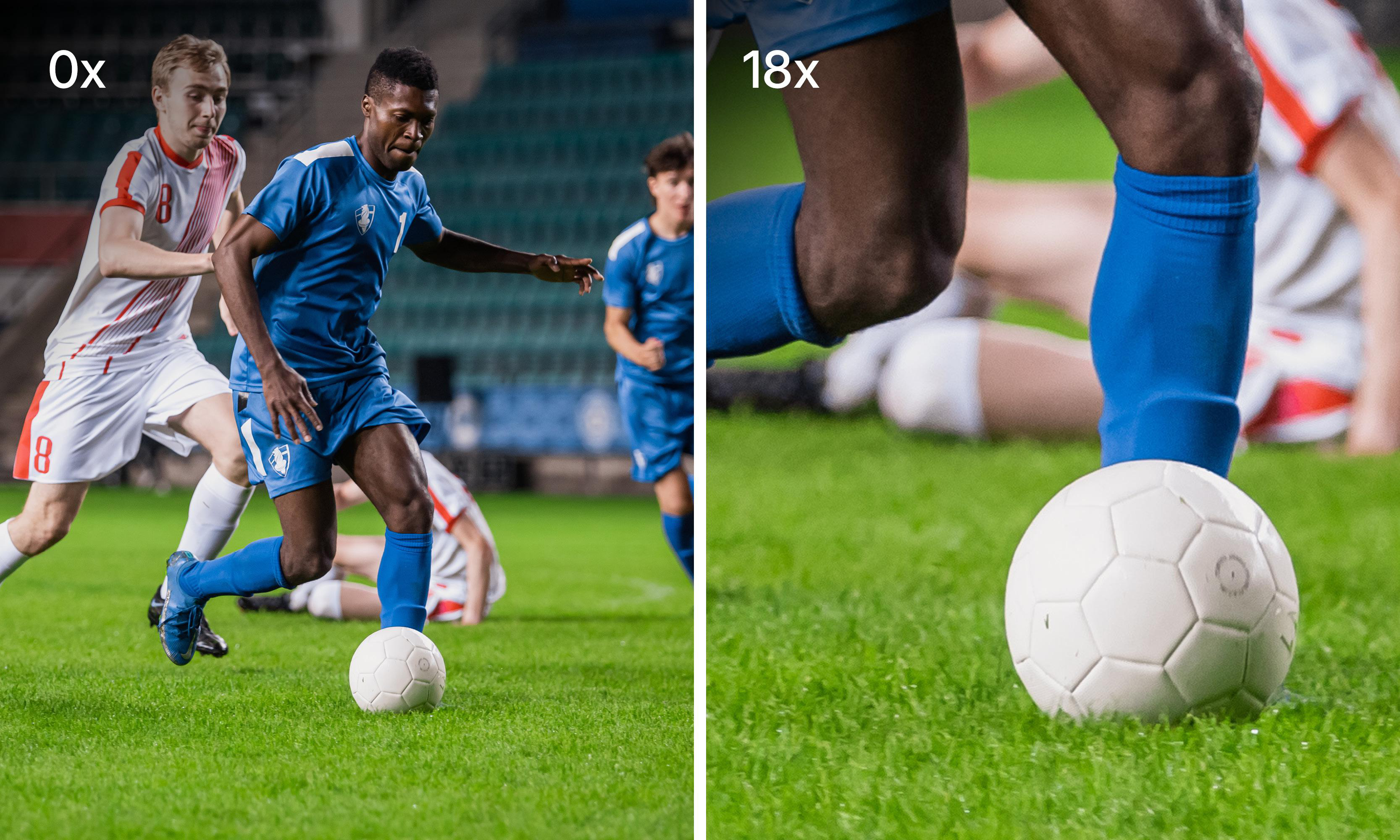 Fußballspieler in blauen Trikots dribbeln auf einem grünen Feld. Ein weißer Ball liegt im Gras.