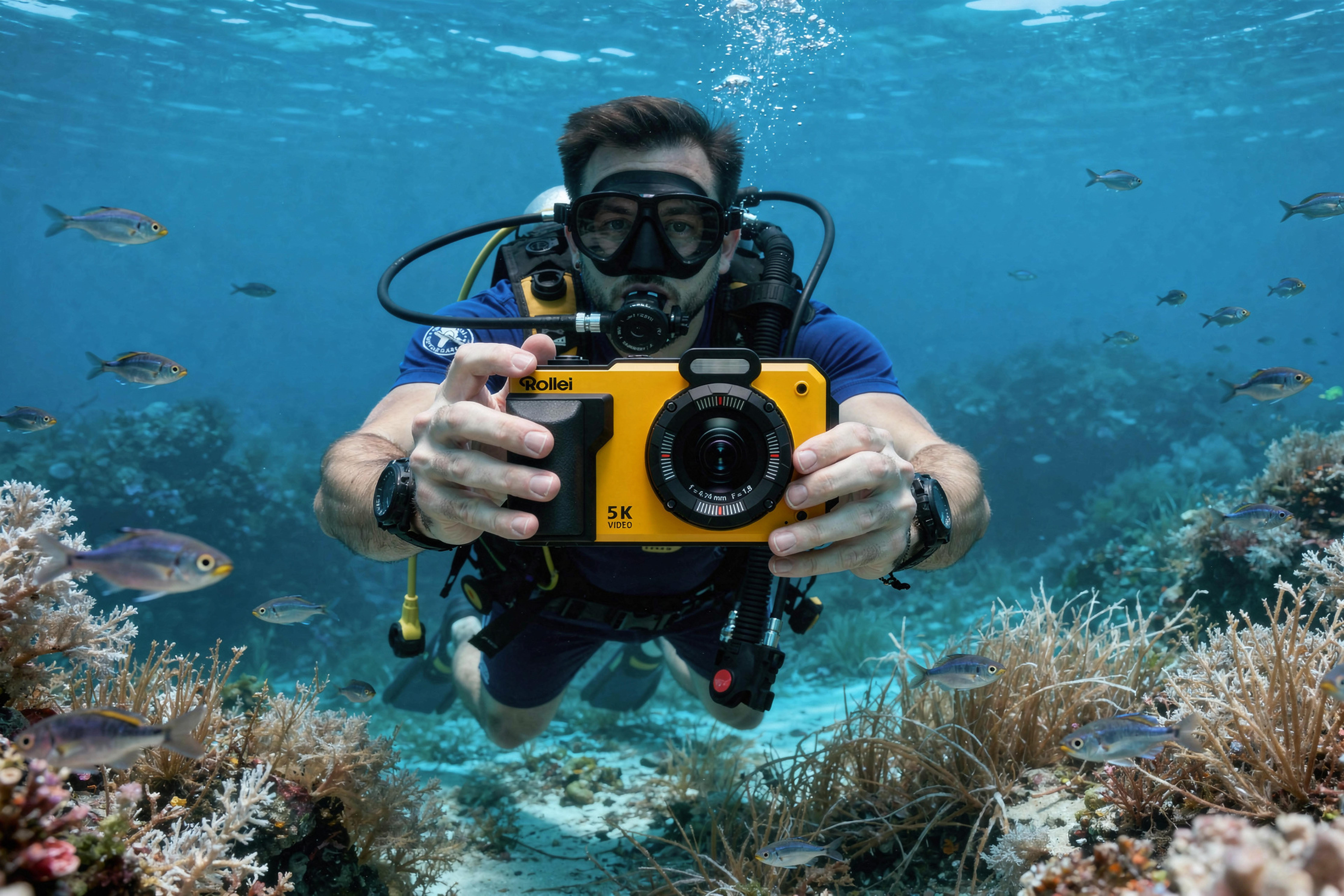 Ein Taucher hält eine gelbe Kamera unter Wasser, umgeben von Fischen und Korallen.